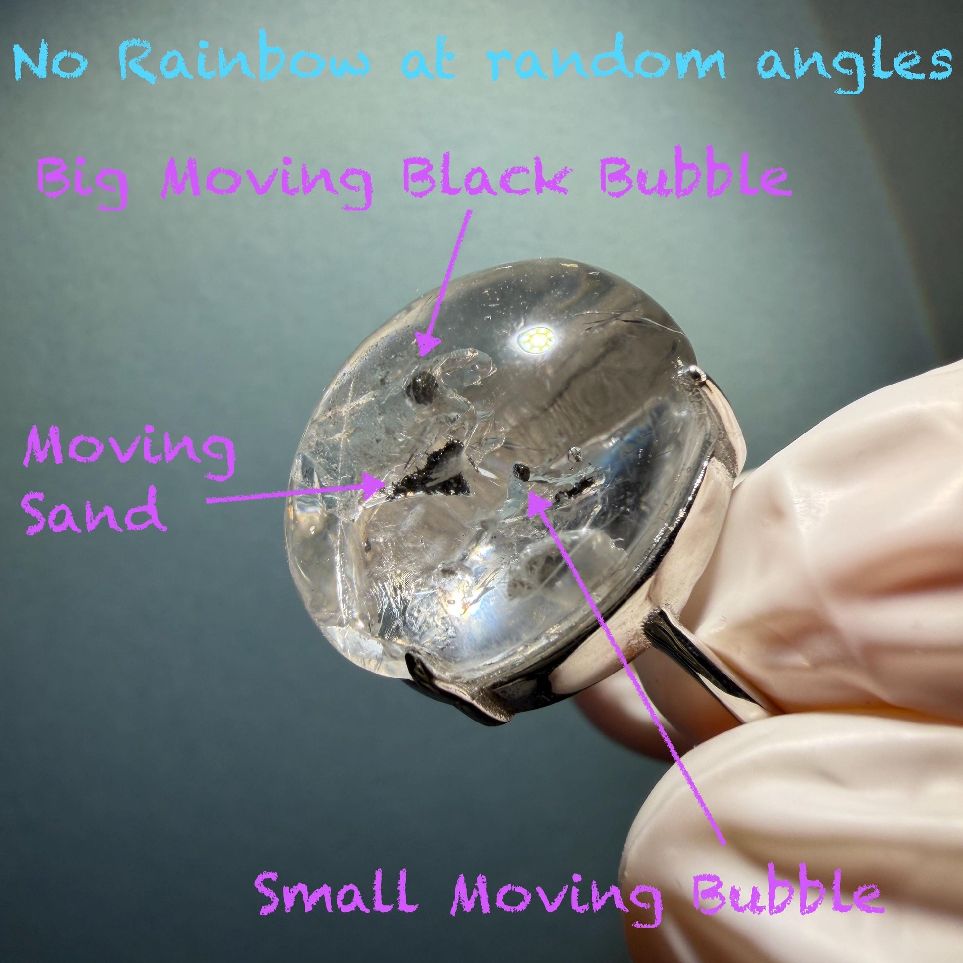 Polished Enhydro Quartz (Herkimer Diamond) S925 Silver Adjustable Ring: Mild Rainbow! Moving Sand and 2 Black Bubble Inclusion Crystal Statement Ring for Women ring crystal band ring crystal cocktail ring crystal stackable ring 7 chakra crystal ring meditation crystal healing stone birthstone silver ring ring for men rainbow quartz inclusion quartz inclusion crystal minerals specimen silver ring free size ring adjustable ring holder