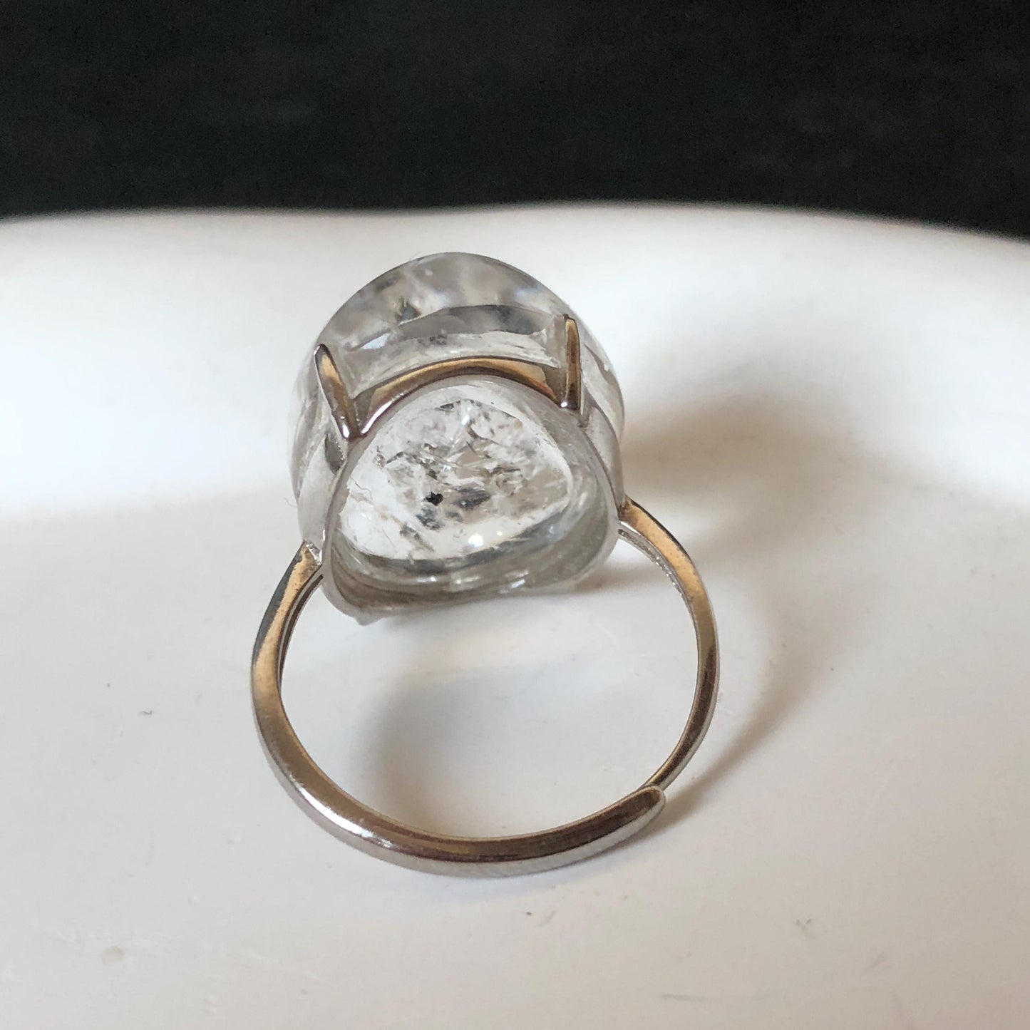 Polished Enhydro Quartz (Herkimer Diamond) S925 Silver Adjustable Ring: Mild Rainbow! Moving Sand and 2 Black Bubble Inclusion Crystal Statement Ring for Women ring crystal band ring crystal cocktail ring crystal stackable ring 7 chakra crystal ring meditation crystal healing stone birthstone silver ring ring for men rainbow quartz inclusion quartz inclusion crystal minerals specimen silver ring free size ring adjustable ring holder