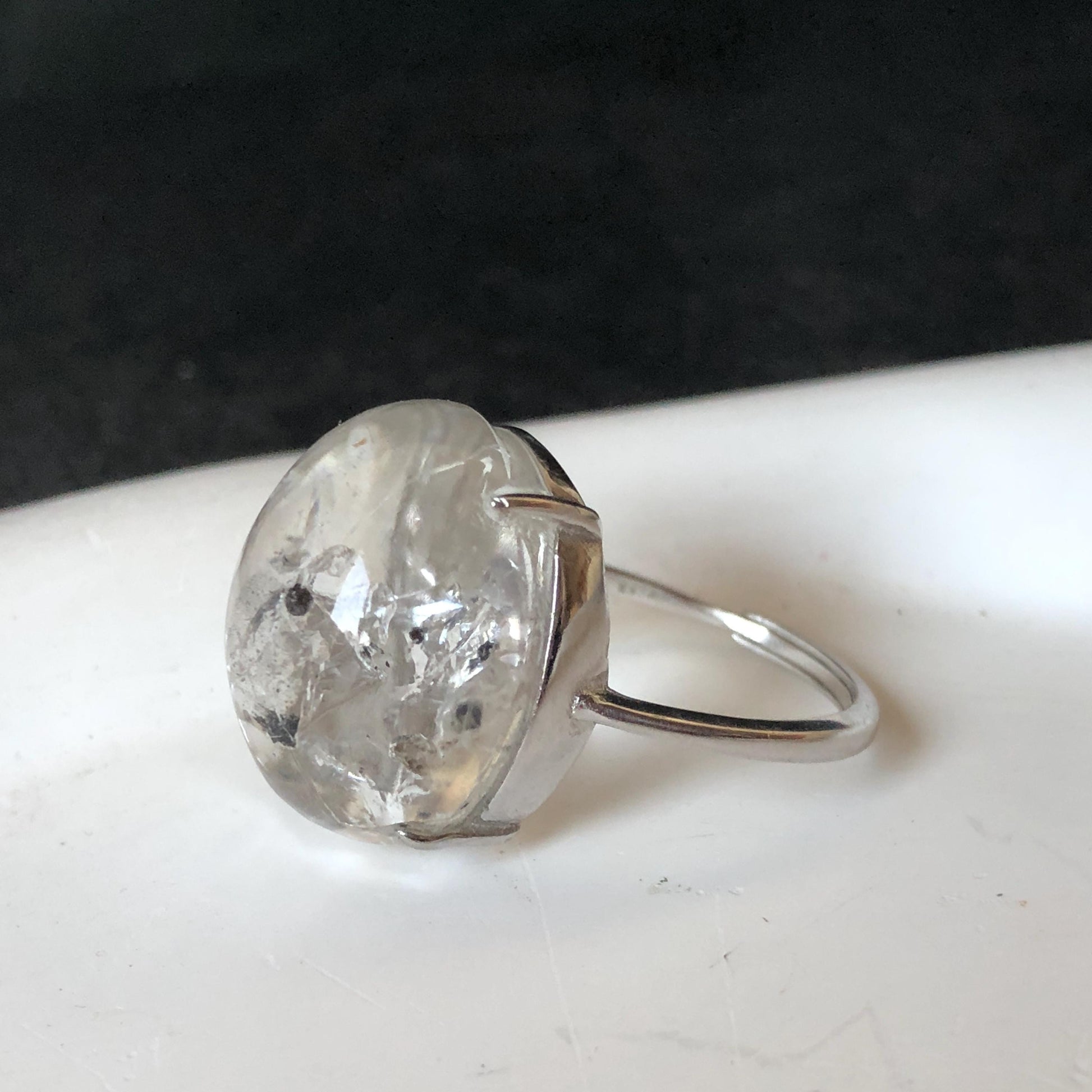 Polished Enhydro Quartz (Herkimer Diamond) S925 Silver Adjustable Ring: Mild Rainbow! Moving Sand and 2 Black Bubble Inclusion Crystal Statement Ring for Women ring crystal band ring crystal cocktail ring crystal stackable ring 7 chakra crystal ring meditation crystal healing stone birthstone silver ring ring for men rainbow quartz inclusion quartz inclusion crystal minerals specimen silver ring free size ring adjustable ring holder