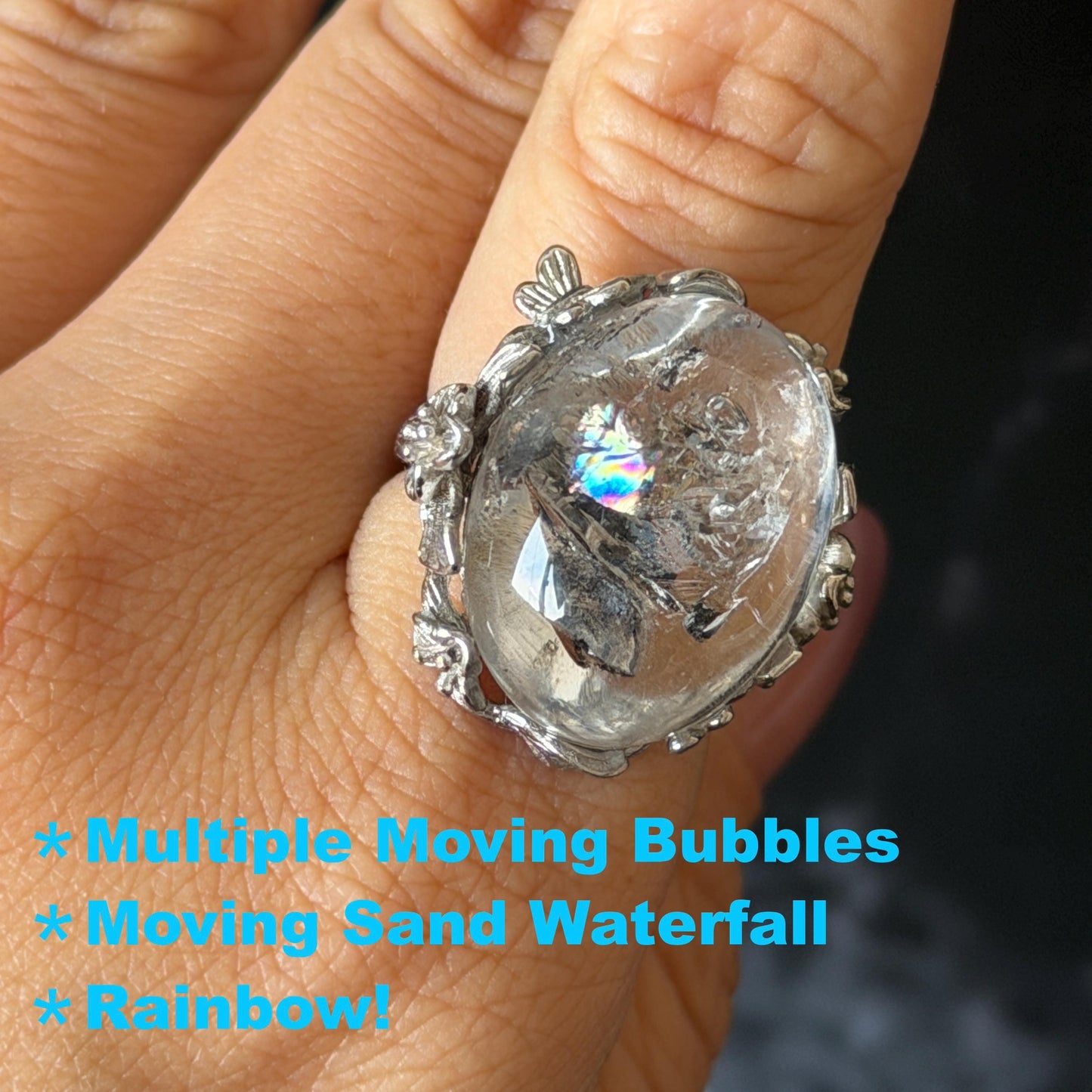 Polished Enhydro Quartz (Herkimer Diamond) S925 Silver Adjustable Ring: Rainbow! Moving Sand Waterfall and Multiple Bubble Inclusion Crystal Statement Ring for Women  ring crystal band ring crystal cocktail ring crystal stackable ring 7 chakra crystal ring meditation crystal healing stone birthstone silver ring ring for men rainbow quartz inclusion quartz inclusion crystal minerals specimen silver ring free size ring adjustable ring holder
