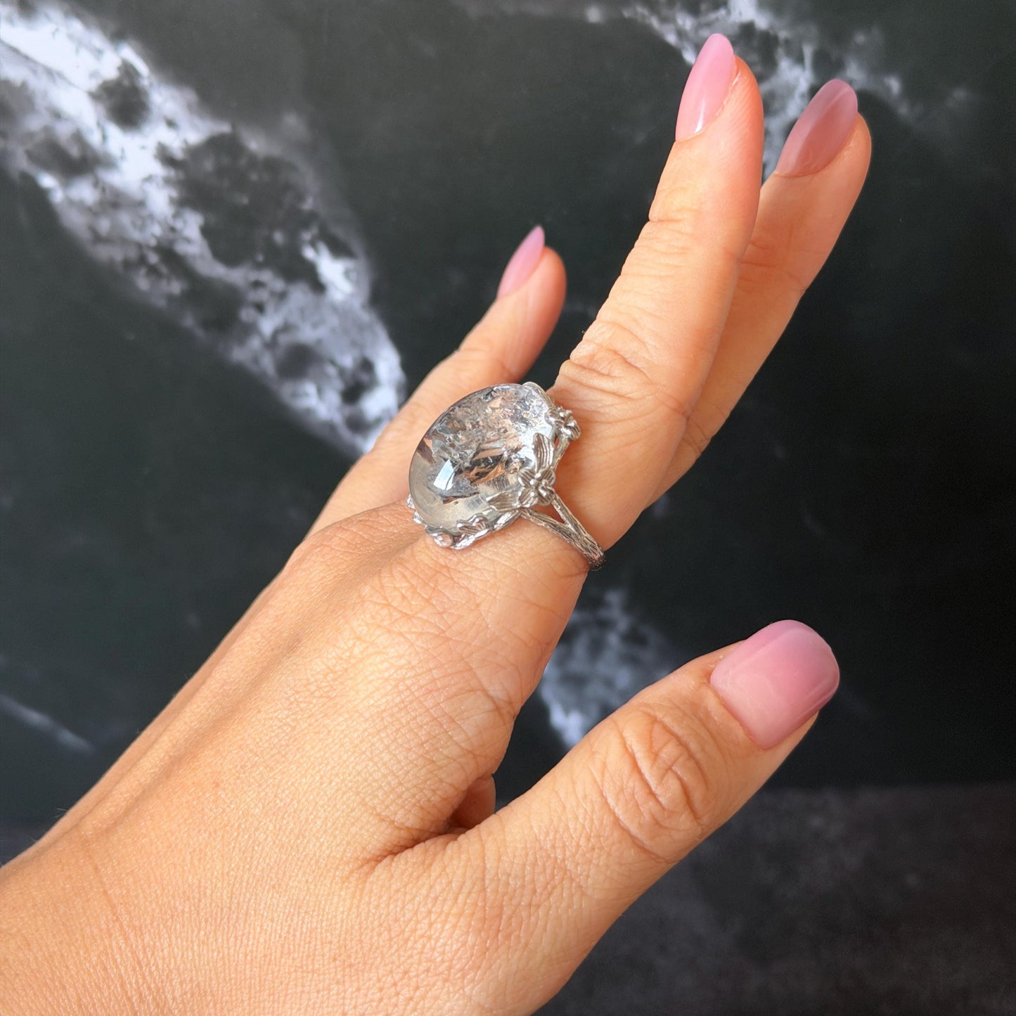 Polished Enhydro Quartz (Herkimer Diamond) S925 Silver Adjustable Ring: Rainbow! Moving Sand Waterfall and Multiple Bubble Inclusion Crystal Statement Ring for Women  ring crystal band ring crystal cocktail ring crystal stackable ring 7 chakra crystal ring meditation crystal healing stone birthstone silver ring ring for men rainbow quartz inclusion quartz inclusion crystal minerals specimen silver ring free size ring adjustable ring holder