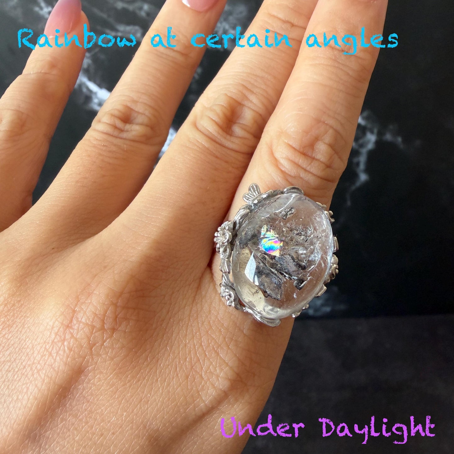 Polished Enhydro Quartz (Herkimer Diamond) S925 Silver Adjustable Ring: Rainbow! Moving Sand Waterfall and Multiple Bubble Inclusion Crystal Statement Ring for Women  ring crystal band ring crystal cocktail ring crystal stackable ring 7 chakra crystal ring meditation crystal healing stone birthstone silver ring ring for men rainbow quartz inclusion quartz inclusion crystal minerals specimen silver ring free size ring adjustable ring holder