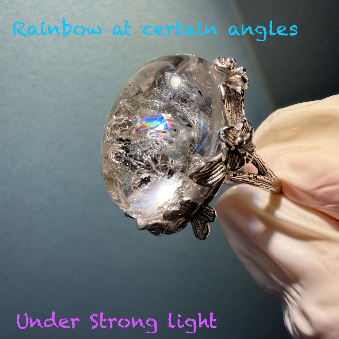 Polished Enhydro Quartz (Herkimer Diamond) S925 Silver Adjustable Ring: Rainbow! Moving Sand Waterfall and Multiple Bubble Inclusion Crystal Statement Ring for Women  ring crystal band ring crystal cocktail ring crystal stackable ring 7 chakra crystal ring meditation crystal healing stone birthstone silver ring ring for men rainbow quartz inclusion quartz inclusion crystal minerals specimen silver ring free size ring adjustable ring holder