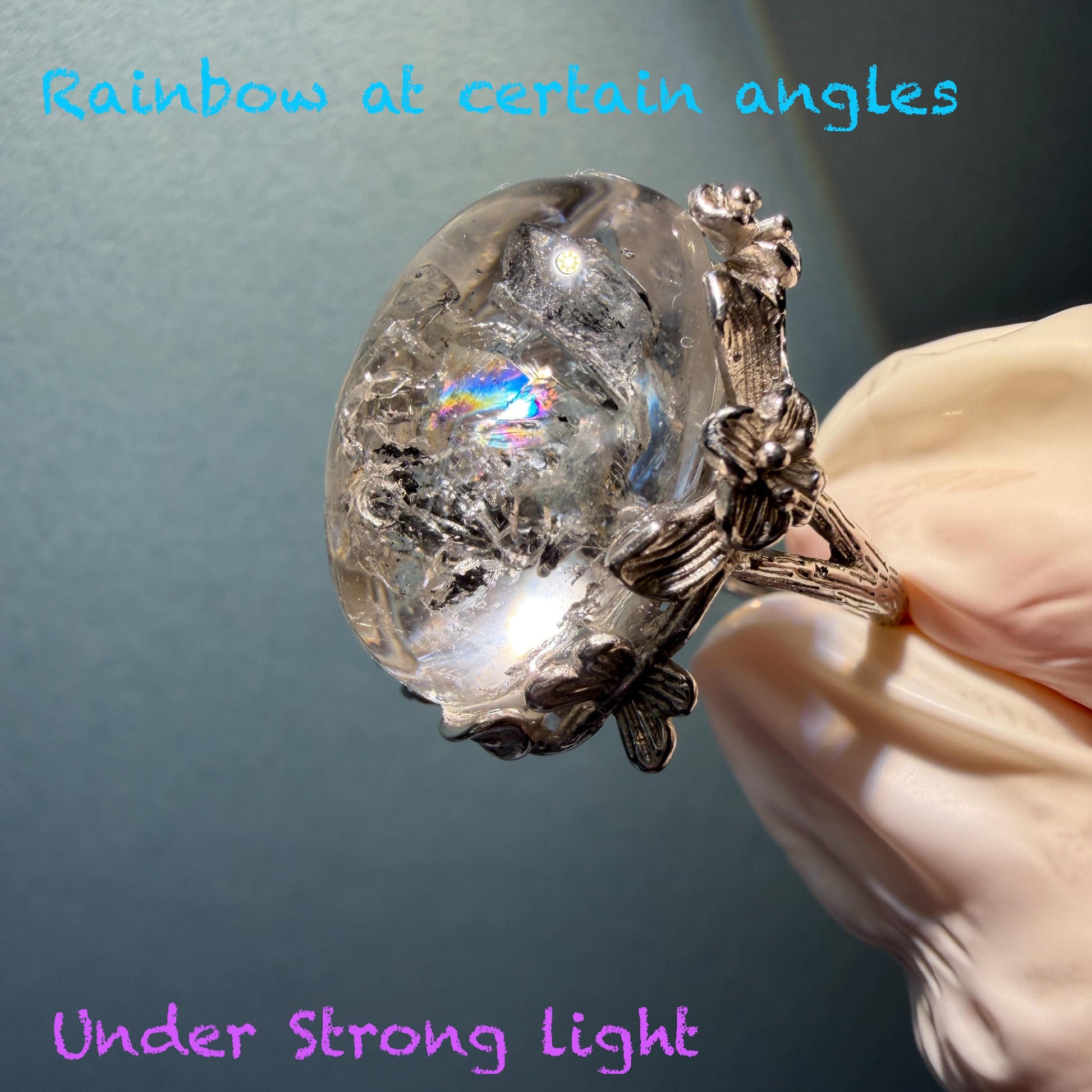 Polished Enhydro Quartz (Herkimer Diamond) S925 Silver Adjustable Ring: Rainbow! Moving Sand Waterfall and Multiple Bubble Inclusion Crystal Statement Ring for Women  ring crystal band ring crystal cocktail ring crystal stackable ring 7 chakra crystal ring meditation crystal healing stone birthstone silver ring ring for men rainbow quartz inclusion quartz inclusion crystal minerals specimen silver ring free size ring adjustable ring holder