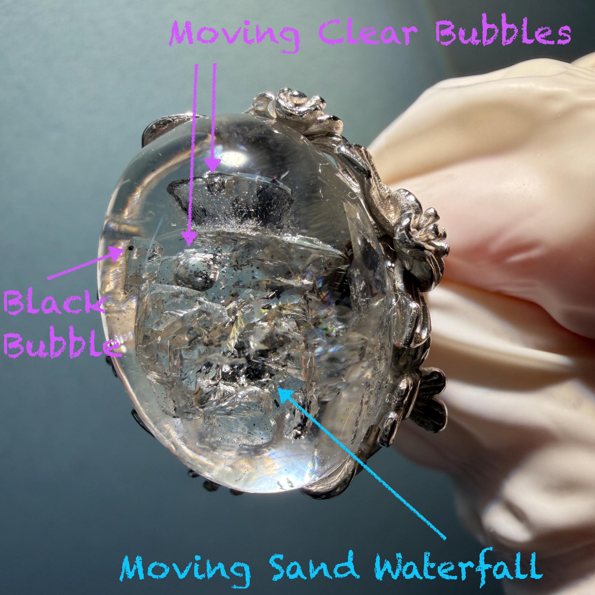 Polished Enhydro Quartz (Herkimer Diamond) S925 Silver Adjustable Ring: Rainbow! Moving Sand Waterfall and Multiple Bubble Inclusion Crystal Statement Ring for Women  ring crystal band ring crystal cocktail ring crystal stackable ring 7 chakra crystal ring meditation crystal healing stone birthstone silver ring ring for men rainbow quartz inclusion quartz inclusion crystal minerals specimen silver ring free size ring adjustable ring holder