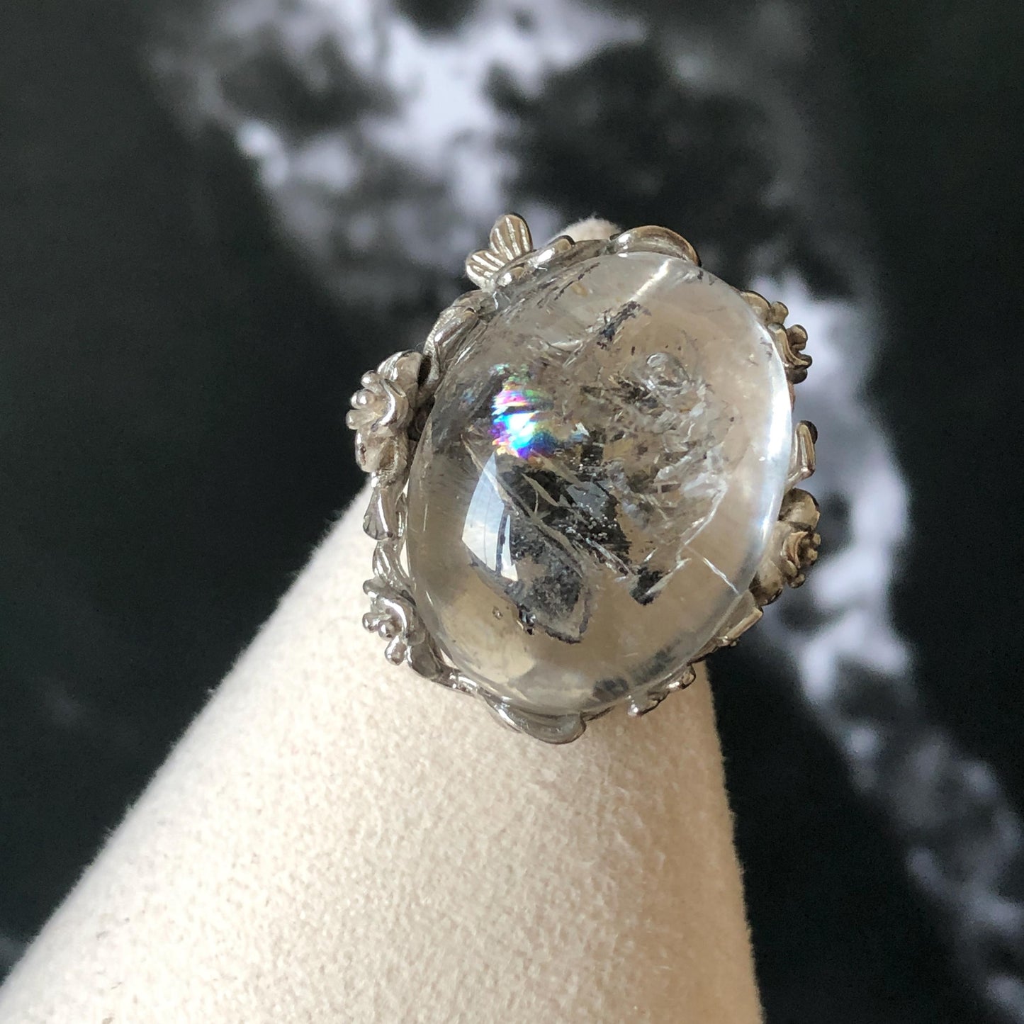 Polished Enhydro Quartz (Herkimer Diamond) S925 Silver Adjustable Ring: Rainbow! Moving Sand Waterfall and Multiple Bubble Inclusion Crystal Statement Ring for Women  ring crystal band ring crystal cocktail ring crystal stackable ring 7 chakra crystal ring meditation crystal healing stone birthstone silver ring ring for men rainbow quartz inclusion quartz inclusion crystal minerals specimen silver ring free size ring adjustable ring holder