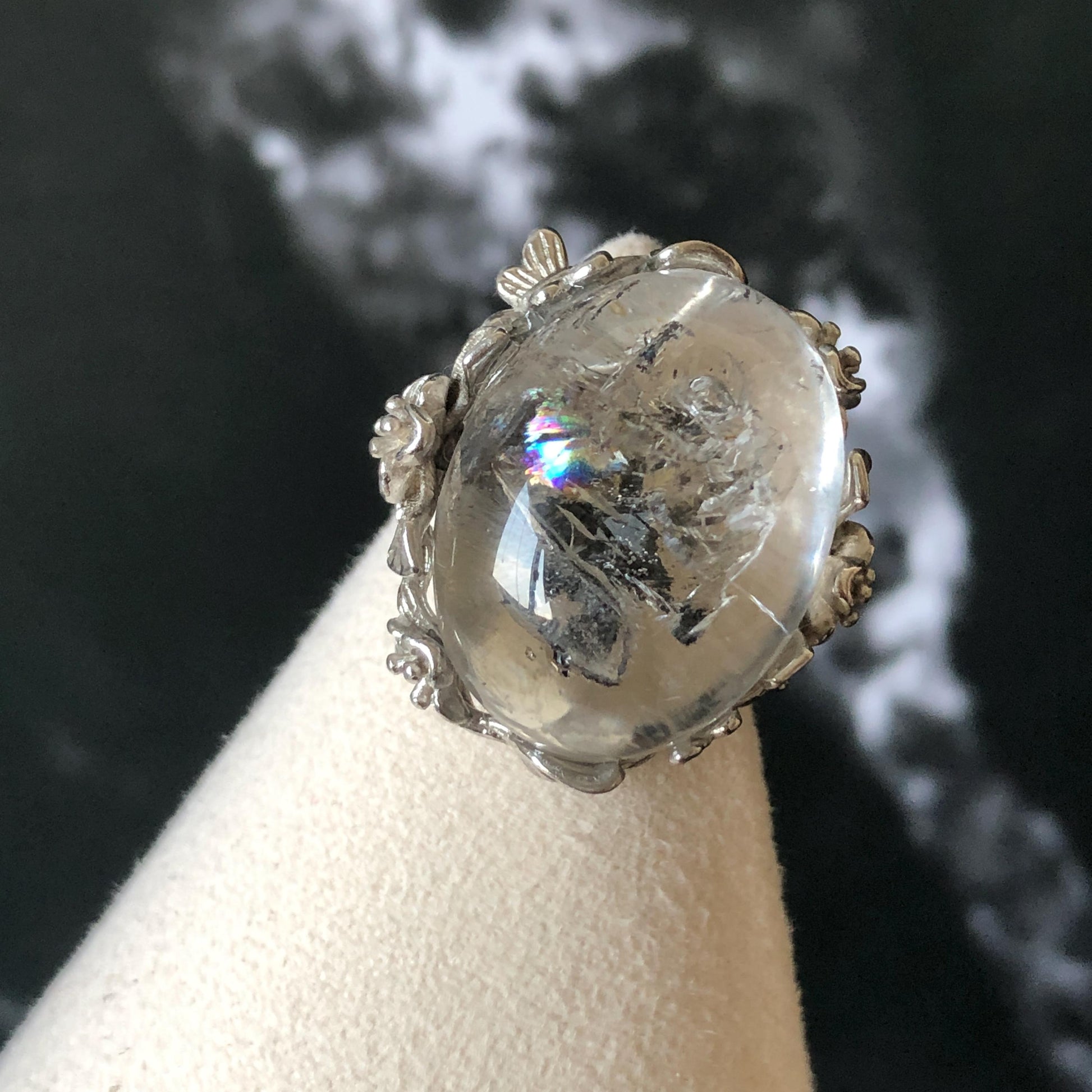 Polished Enhydro Quartz (Herkimer Diamond) S925 Silver Adjustable Ring: Rainbow! Moving Sand Waterfall and Multiple Bubble Inclusion Crystal Statement Ring for Women  ring crystal band ring crystal cocktail ring crystal stackable ring 7 chakra crystal ring meditation crystal healing stone birthstone silver ring ring for men rainbow quartz inclusion quartz inclusion crystal minerals specimen silver ring free size ring adjustable ring holder