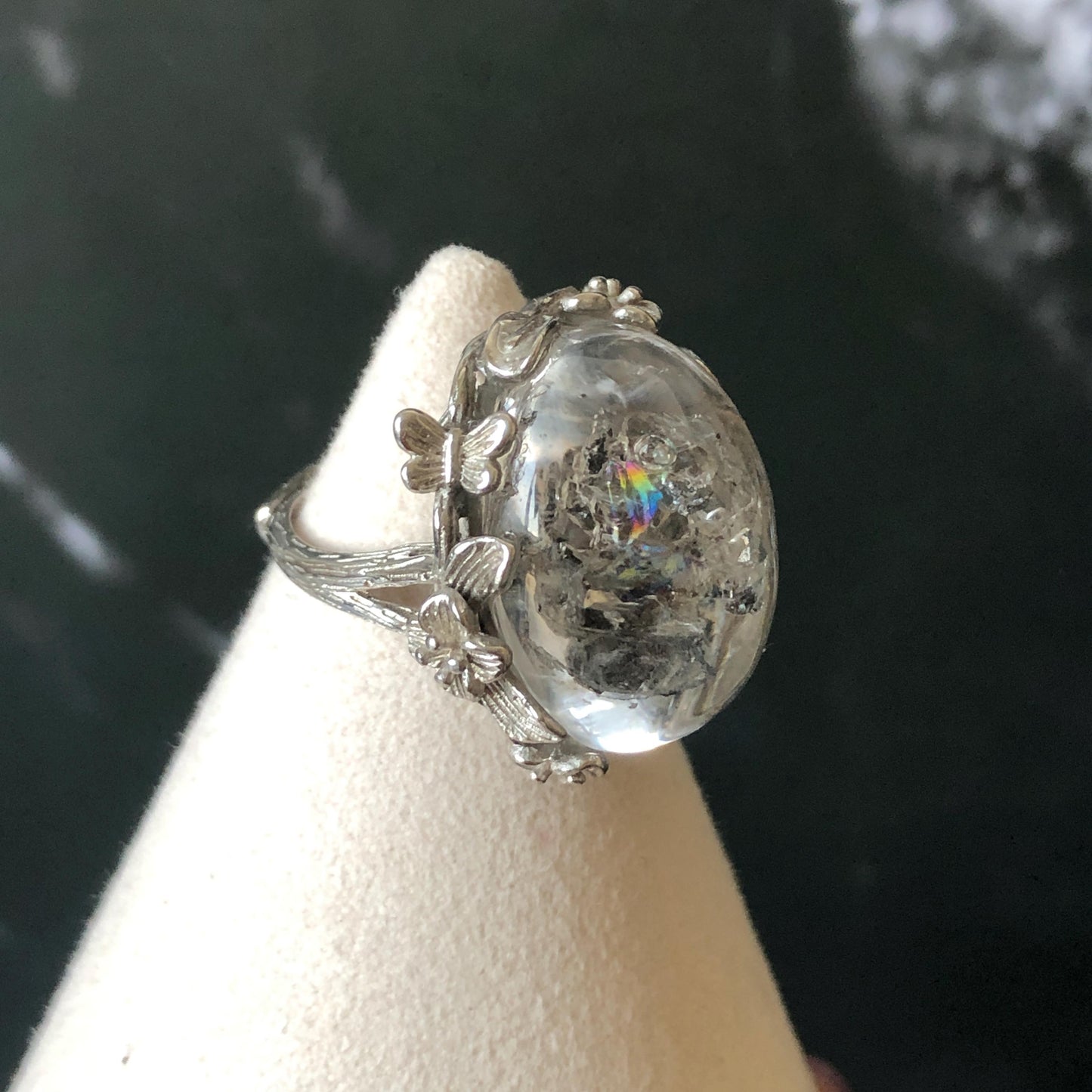 Polished Enhydro Quartz (Herkimer Diamond) S925 Silver Adjustable Ring: Rainbow! Moving Sand Waterfall and Multiple Bubble Inclusion Crystal Statement Ring for Women  ring crystal band ring crystal cocktail ring crystal stackable ring 7 chakra crystal ring meditation crystal healing stone birthstone silver ring ring for men rainbow quartz inclusion quartz inclusion crystal minerals specimen silver ring free size ring adjustable ring holder