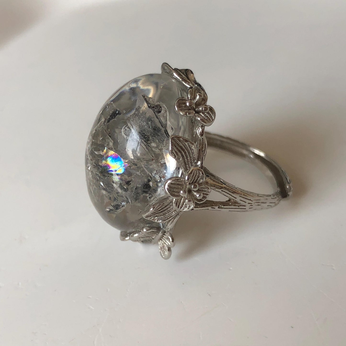 Polished Enhydro Quartz (Herkimer Diamond) S925 Silver Adjustable Ring: Rainbow! Moving Sand Waterfall and Multiple Bubble Inclusion Crystal Statement Ring for Women  ring crystal band ring crystal cocktail ring crystal stackable ring 7 chakra crystal ring meditation crystal healing stone birthstone silver ring ring for men rainbow quartz inclusion quartz inclusion crystal minerals specimen silver ring free size ring adjustable ring holder