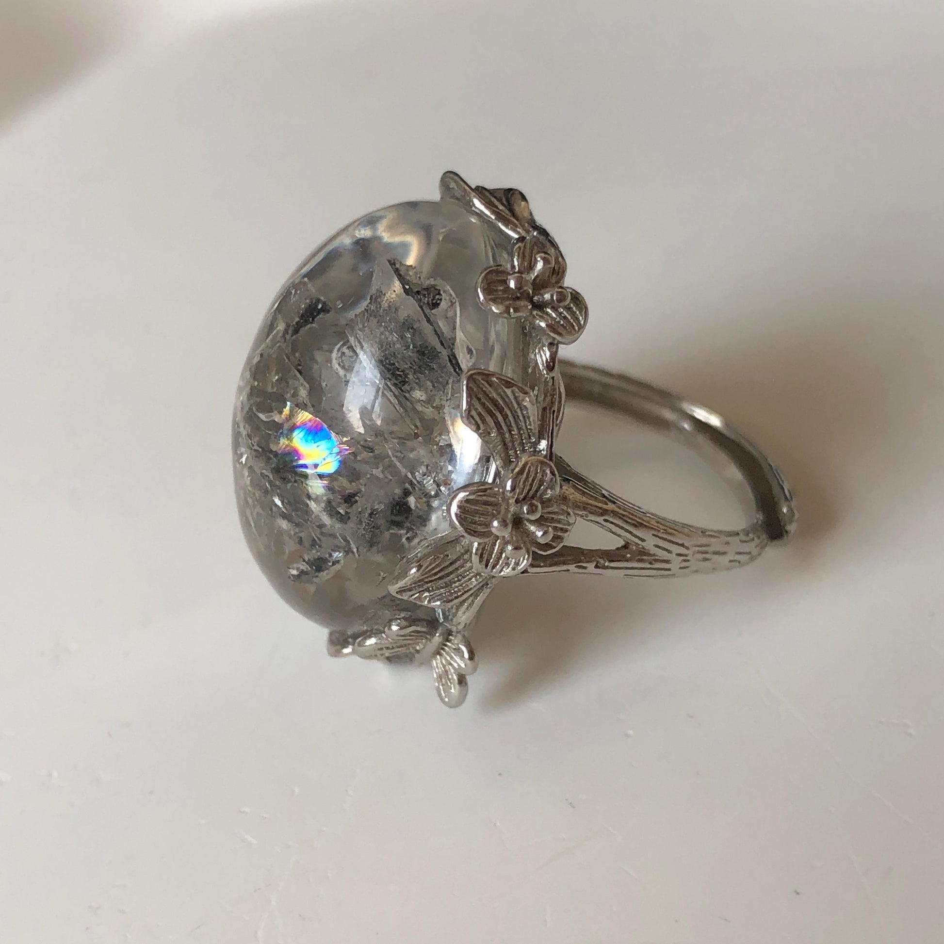 Polished Enhydro Quartz (Herkimer Diamond) S925 Silver Adjustable Ring: Rainbow! Moving Sand Waterfall and Multiple Bubble Inclusion Crystal Statement Ring for Women  ring crystal band ring crystal cocktail ring crystal stackable ring 7 chakra crystal ring meditation crystal healing stone birthstone silver ring ring for men rainbow quartz inclusion quartz inclusion crystal minerals specimen silver ring free size ring adjustable ring holder