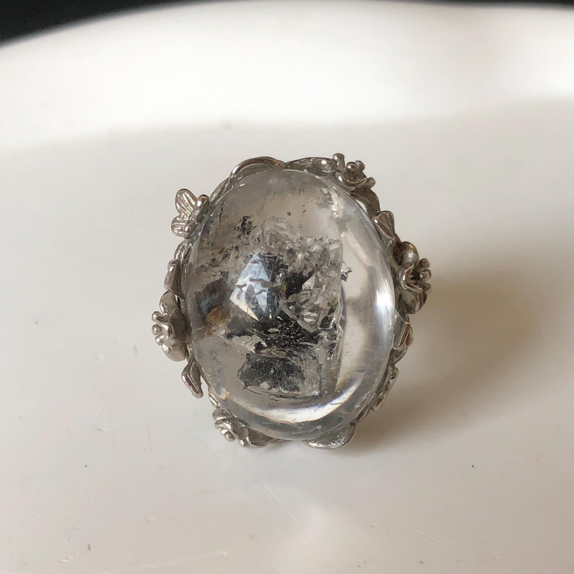 Polished Enhydro Quartz (Herkimer Diamond) S925 Silver Adjustable Ring: Rainbow! Moving Sand Waterfall and Multiple Bubble Inclusion Crystal Statement Ring for Women  ring crystal band ring crystal cocktail ring crystal stackable ring 7 chakra crystal ring meditation crystal healing stone birthstone silver ring ring for men rainbow quartz inclusion quartz inclusion crystal minerals specimen silver ring free size ring adjustable ring holder