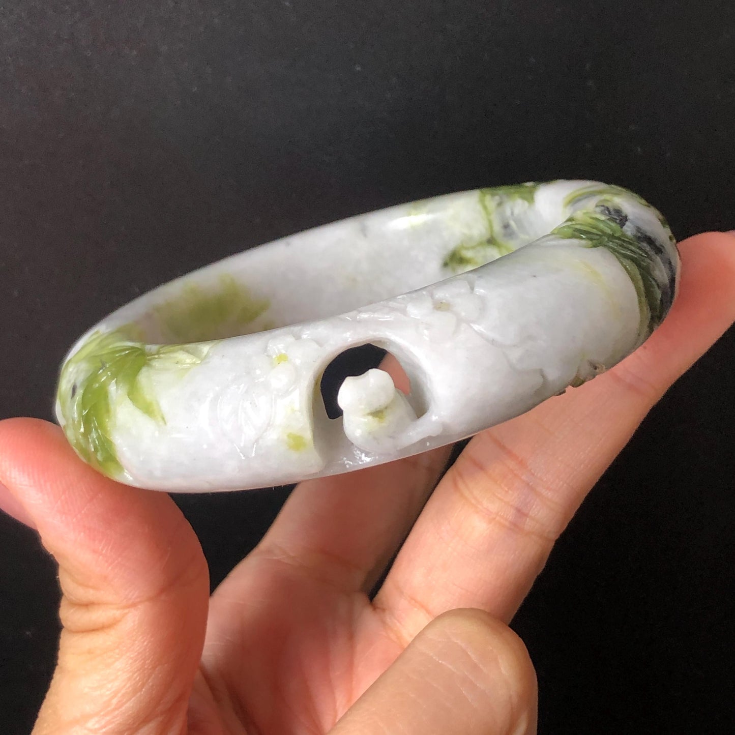 58.2mm Xiu Jade Serpentine Hand Carved Cat in Bamboo Forest Bangle: Natural White Green Bi-colour Jade Handcrafted Bracelet, Stone Carving Gemstone Jewelry Gift for her Green jade White Jade jade carving 3D stone carving cat bracelet kitten bracelet cat carving handcrafted bangle chinese jade cat lover gift natural untreated jade vintage bangle antique bracelet bamboo carving