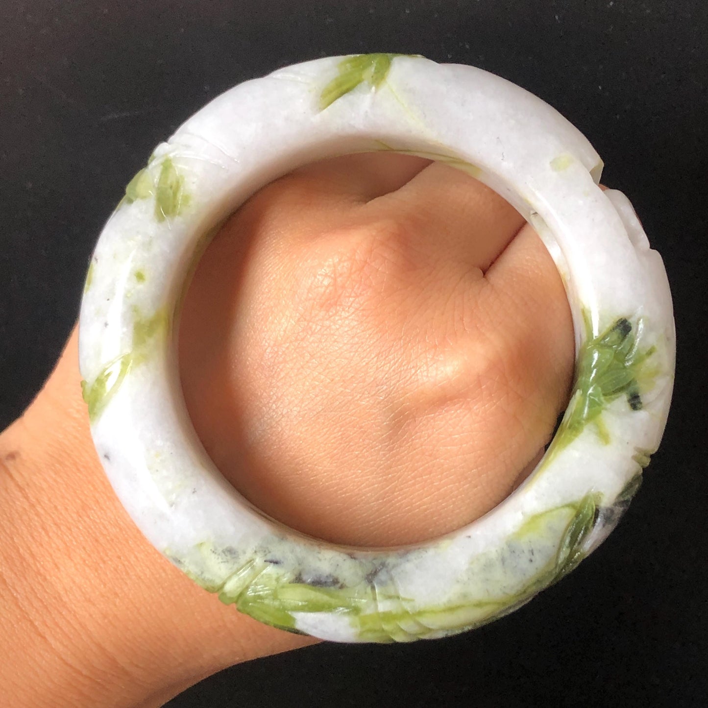 58.2mm Xiu Jade Serpentine Hand Carved Cat in Bamboo Forest Bangle: Natural White Green Bi-colour Jade Handcrafted Bracelet, Stone Carving Gemstone Jewelry Gift for her Green jade White Jade jade carving 3D stone carving cat bracelet kitten bracelet cat carving handcrafted bangle chinese jade cat lover gift natural untreated jade vintage bangle antique bracelet bamboo carving