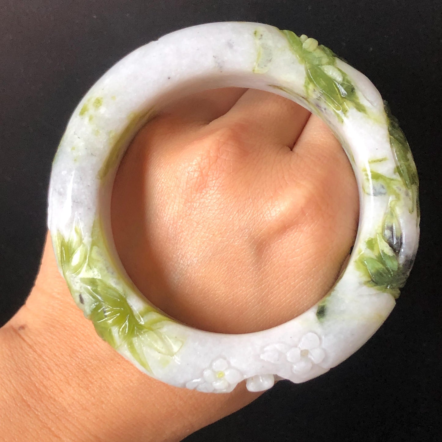58.2mm Xiu Jade Serpentine Hand Carved Cat in Bamboo Forest Bangle: Natural White Green Bi-colour Jade Handcrafted Bracelet, Stone Carving Gemstone Jewelry Gift for her Green jade White Jade jade carving 3D stone carving cat bracelet kitten bracelet cat carving handcrafted bangle chinese jade cat lover gift natural untreated jade vintage bangle antique bracelet bamboo carving