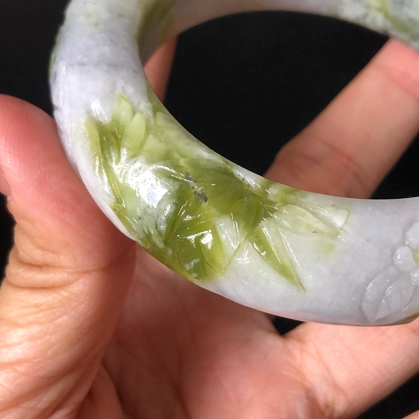 58.2mm Xiu Jade Serpentine Hand Carved Cat in Bamboo Forest Bangle: Natural White Green Bi-colour Jade Handcrafted Bracelet, Stone Carving Gemstone Jewelry Gift for her Green jade White Jade jade carving 3D stone carving cat bracelet kitten bracelet cat carving handcrafted bangle chinese jade cat lover gift natural untreated jade vintage bangle antique bracelet bamboo carving