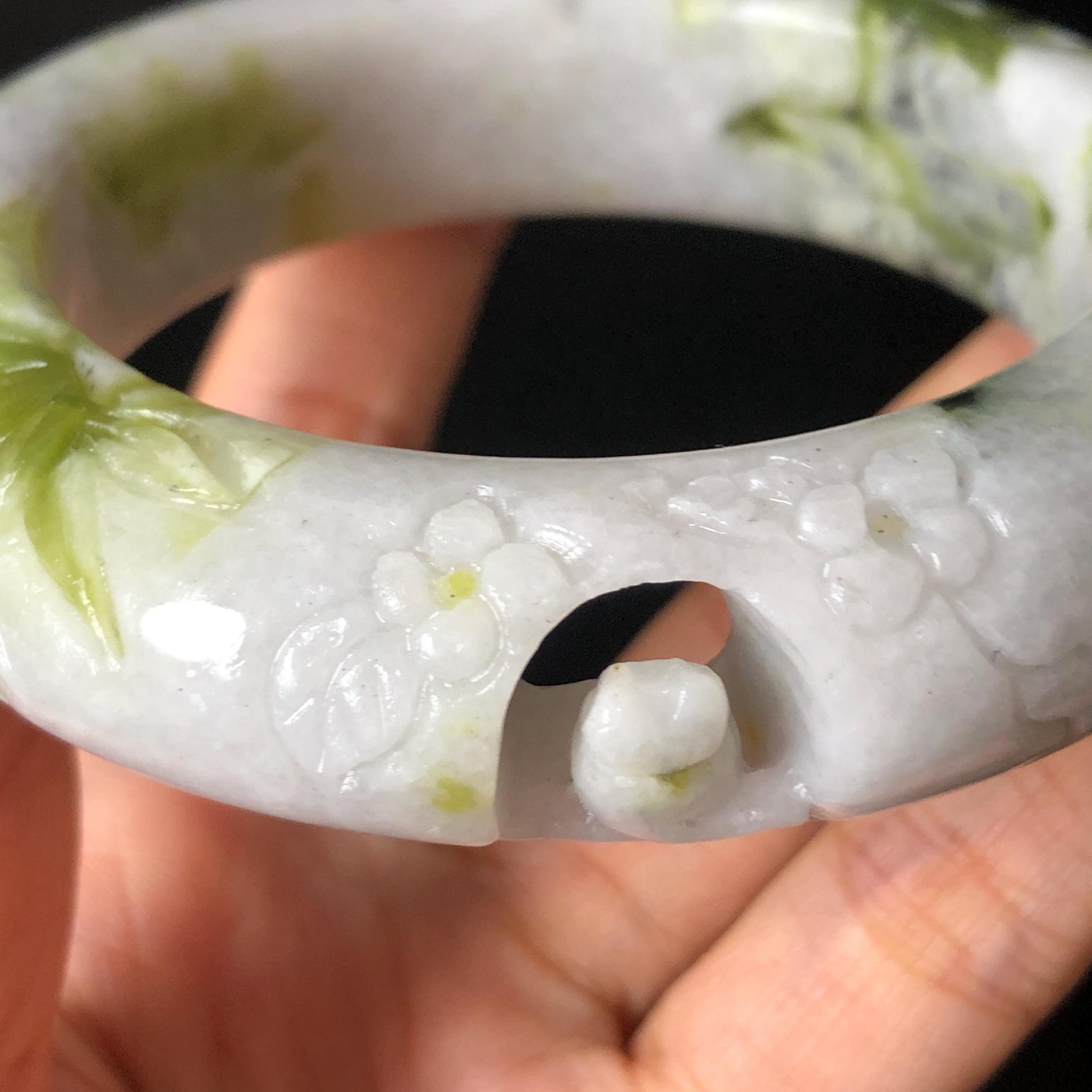 58.2mm Xiu Jade Serpentine Hand Carved Cat in Bamboo Forest Bangle: Natural White Green Bi-colour Jade Handcrafted Bracelet, Stone Carving Gemstone Jewelry Gift for her Green jade White Jade jade carving 3D stone carving cat bracelet kitten bracelet cat carving handcrafted bangle chinese jade cat lover gift natural untreated jade vintage bangle antique bracelet bamboo carving