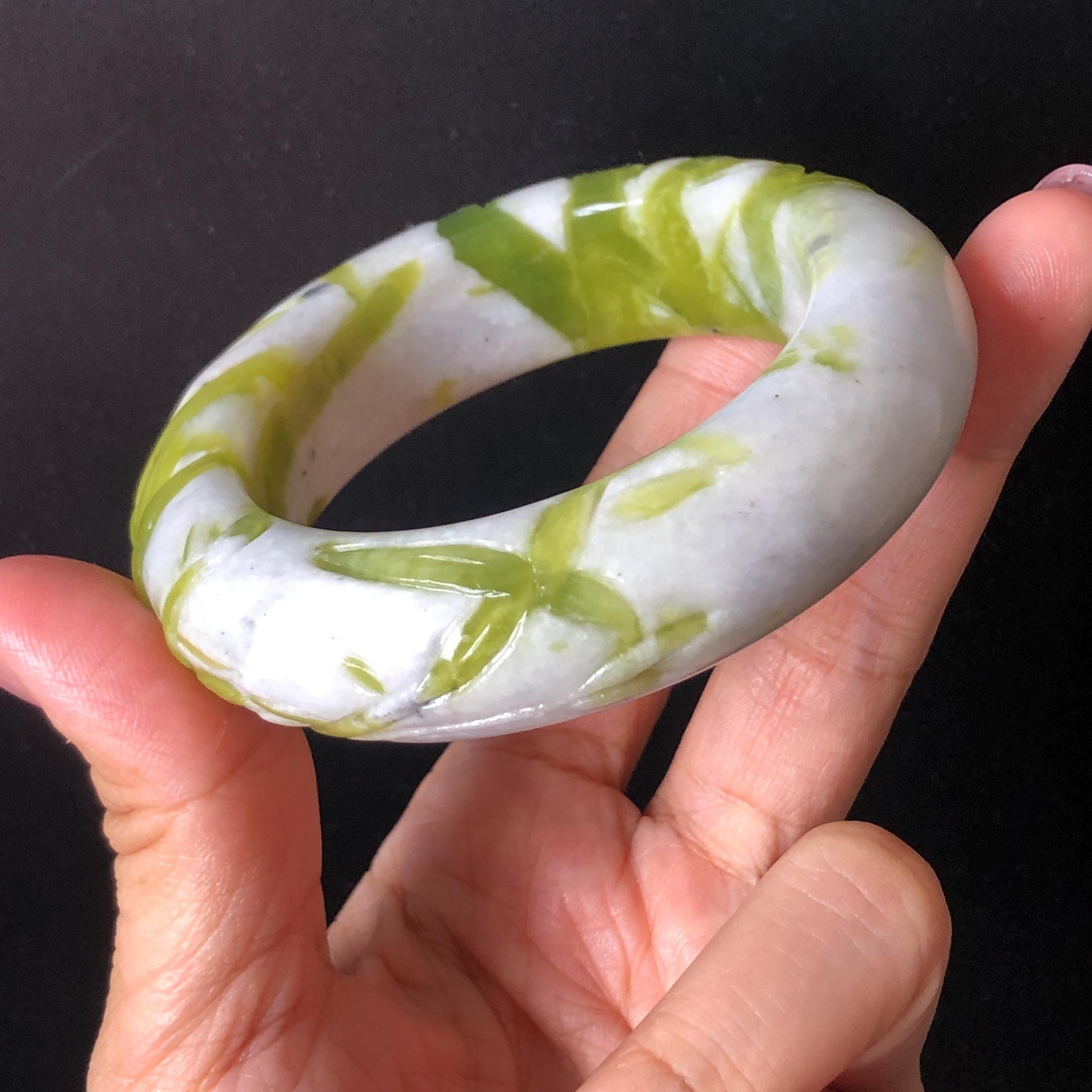 54.4mm Xiu Jade Serpentine Bamboo Forest Bangle: Natural White Green Bi-colour Jade Handcrafted Bracelet, Stone Carving Gemstone Jewelry Gift for her Green jade White Jade jade carving 3D stone carving cat bracelet kitten bracelet handcrafted bangle chinese jade gift natural untreated jade vintage bangle antique bracelet bamboo carving