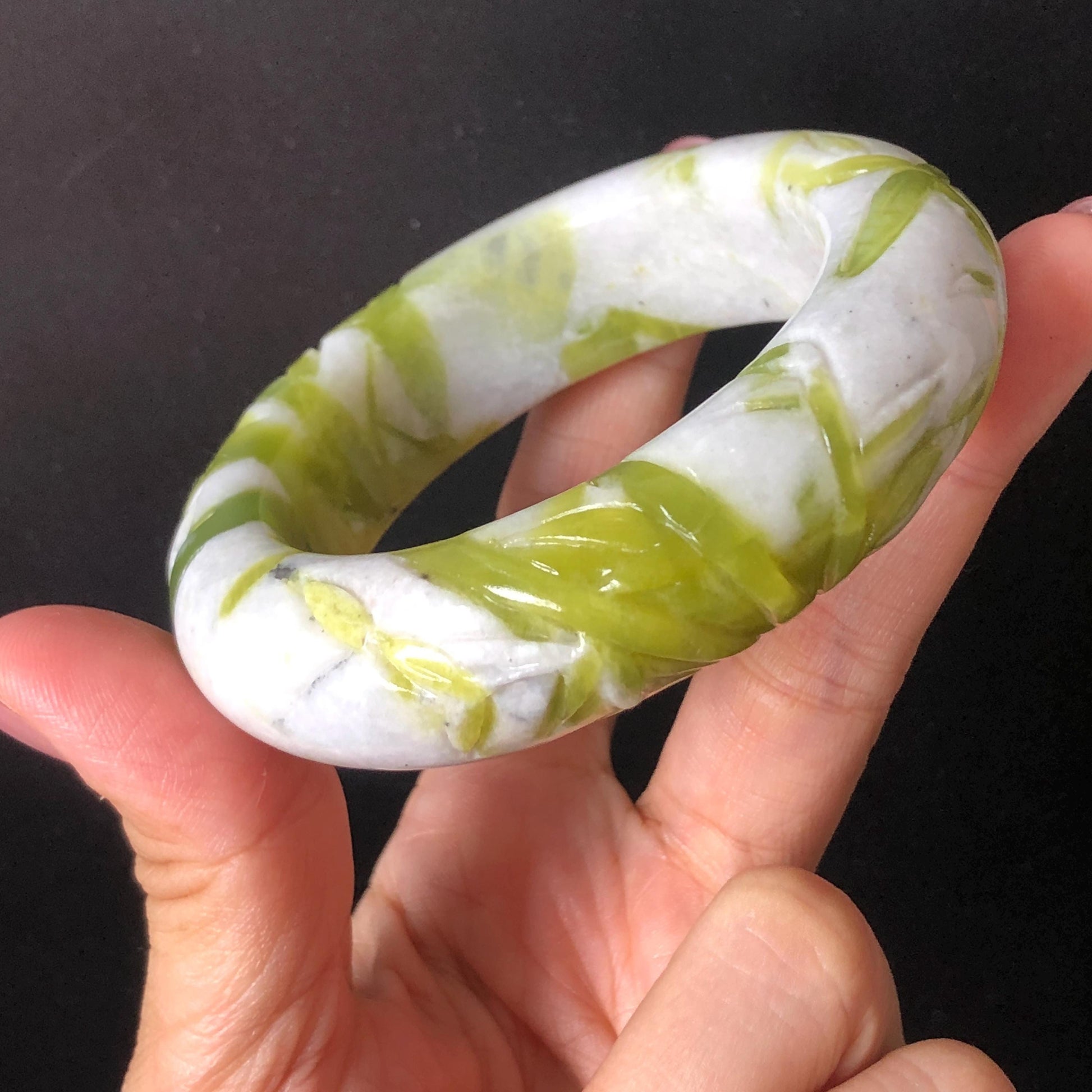 54.4mm Xiu Jade Serpentine Bamboo Forest Bangle: Natural White Green Bi-colour Jade Handcrafted Bracelet, Stone Carving Gemstone Jewelry Gift for her Green jade White Jade jade carving 3D stone carving cat bracelet kitten bracelet handcrafted bangle chinese jade gift natural untreated jade vintage bangle antique bracelet bamboo carving