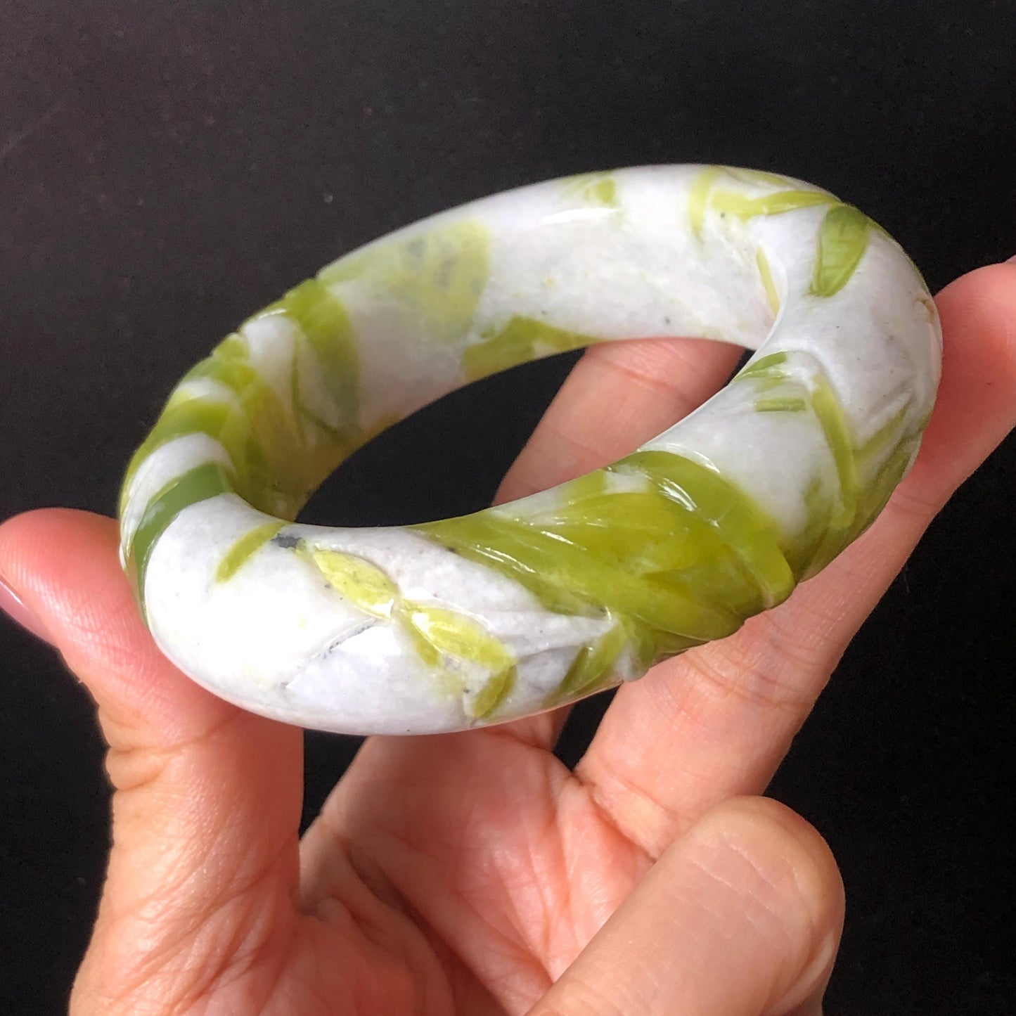 54.4mm Xiu Jade Serpentine Bamboo Forest Bangle: Natural White Green Bi-colour Jade Handcrafted Bracelet, Stone Carving Gemstone Jewelry Gift for her Green jade White Jade jade carving 3D stone carving cat bracelet kitten bracelet handcrafted bangle chinese jade gift natural untreated jade vintage bangle antique bracelet bamboo carving