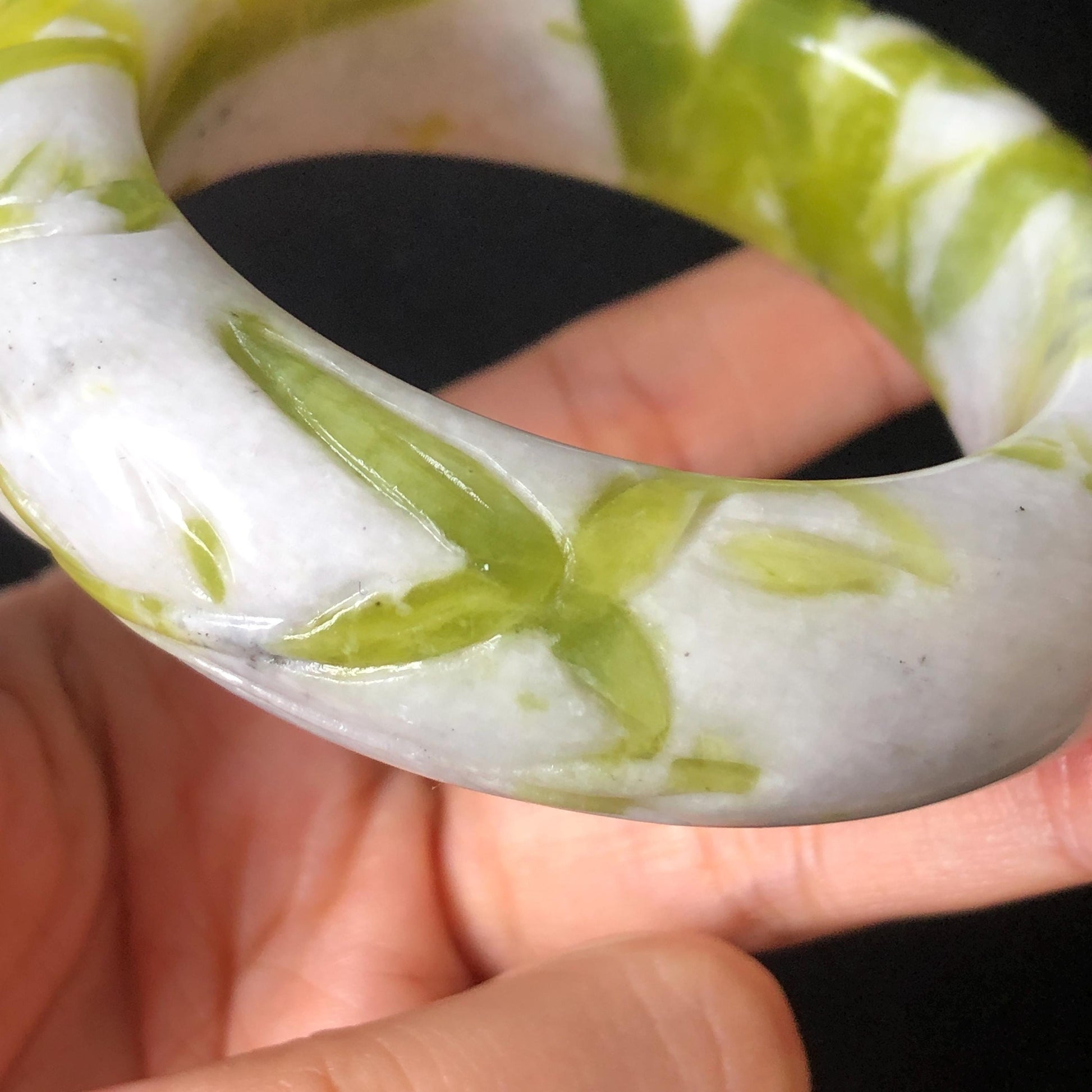 54.4mm Xiu Jade Serpentine Bamboo Forest Bangle: Natural White Green Bi-colour Jade Handcrafted Bracelet, Stone Carving Gemstone Jewelry Gift for her Green jade White Jade jade carving 3D stone carving cat bracelet kitten bracelet handcrafted bangle chinese jade gift natural untreated jade vintage bangle antique bracelet bamboo carving