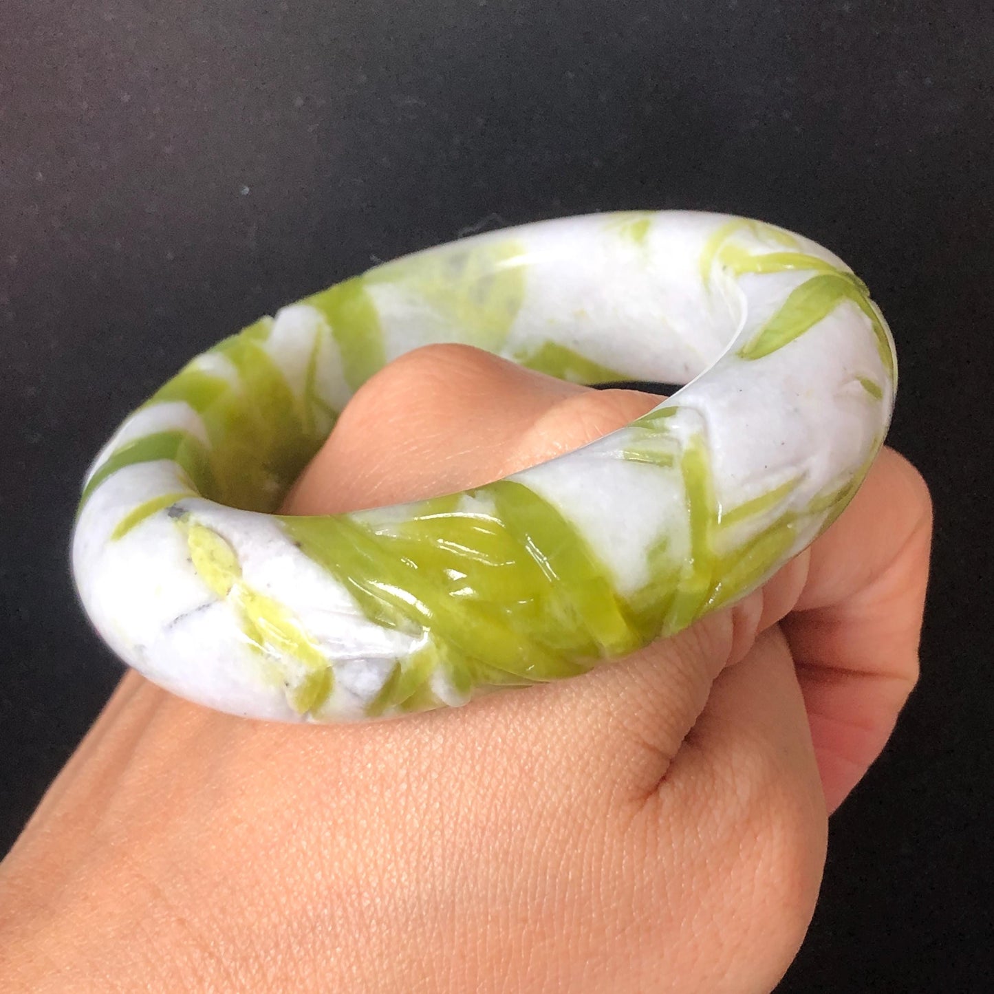 54.4mm Xiu Jade Serpentine Bamboo Forest Bangle: Natural White Green Bi-colour Jade Handcrafted Bracelet, Stone Carving Gemstone Jewelry Gift for her Green jade White Jade jade carving 3D stone carving cat bracelet kitten bracelet handcrafted bangle chinese jade gift natural untreated jade vintage bangle antique bracelet bamboo carving