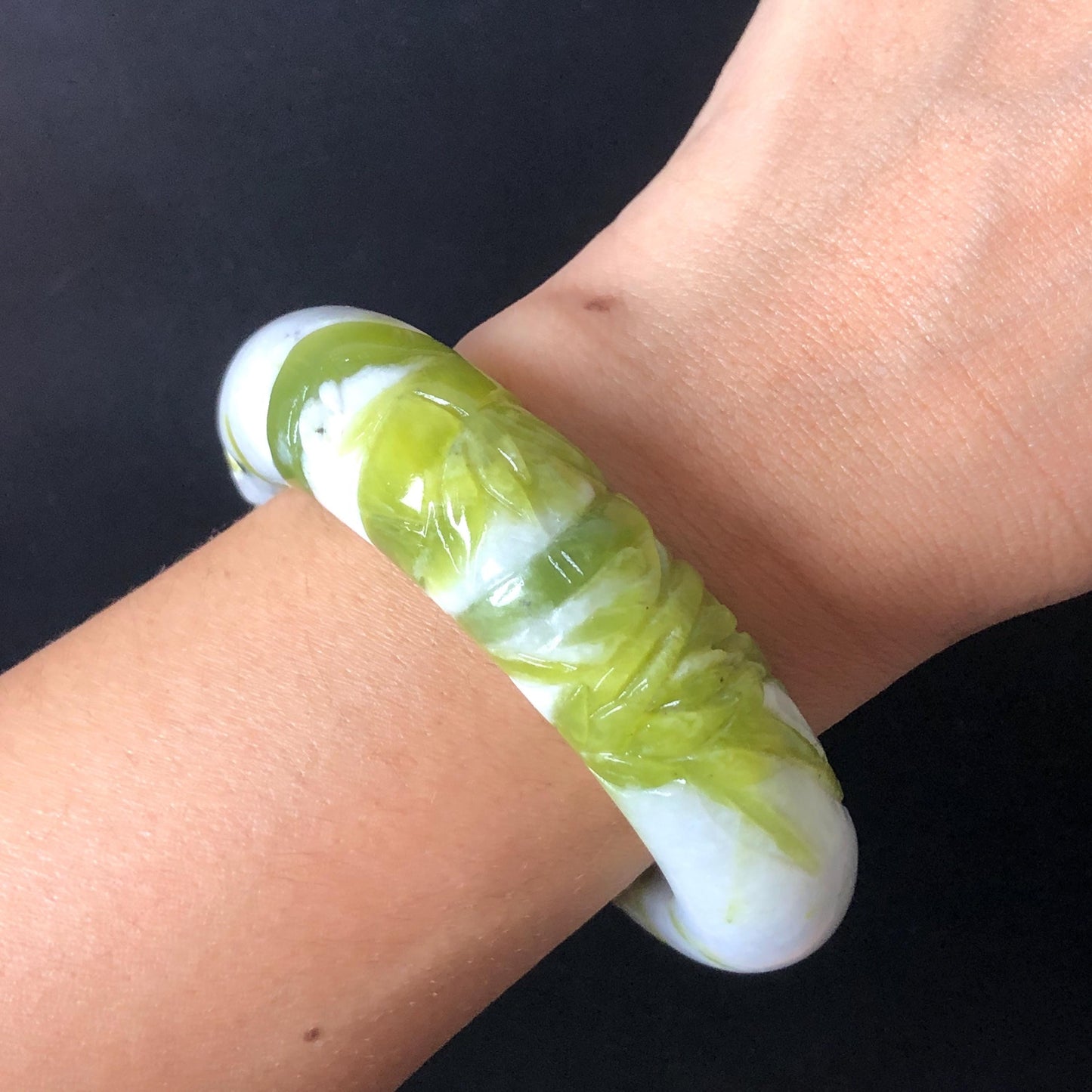 54.4mm Xiu Jade Serpentine Bamboo Forest Bangle: Natural White Green Bi-colour Jade Handcrafted Bracelet, Stone Carving Gemstone Jewelry Gift for her Green jade White Jade jade carving 3D stone carving cat bracelet kitten bracelet handcrafted bangle chinese jade gift natural untreated jade vintage bangle antique bracelet bamboo carving
