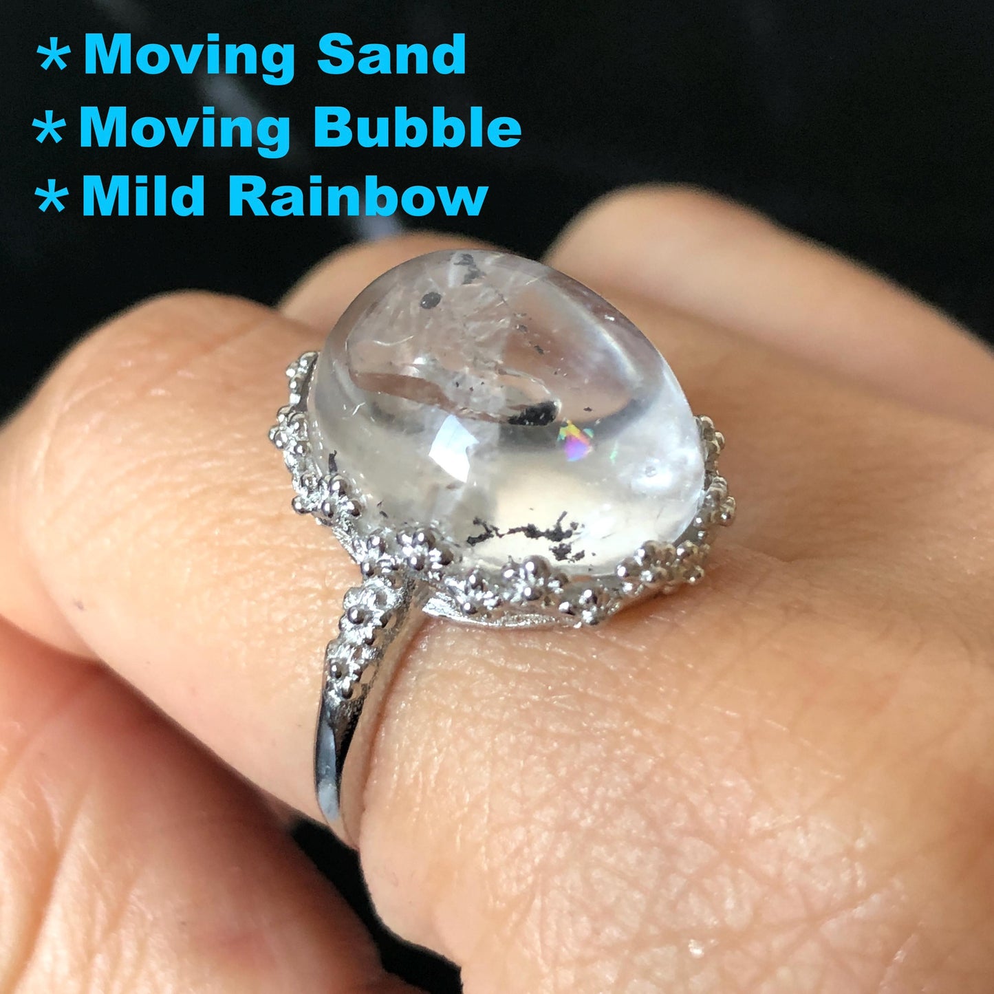 Polished Enhydro Quartz (Herkimer Diamond) S925 Silver Adjustable Ring: Mild Rainbow! Moving Sand and Black Bubble Inclusion Crystal Statement Ring for Women ring crystal band ring crystal cocktail ring crystal stackable ring 7 chakra crystal ring meditation crystal healing stone birthstone silver ring ring for men rainbow quartz inclusion quartz inclusion crystal minerals specimen silver ring free size ring adjustable ring holder