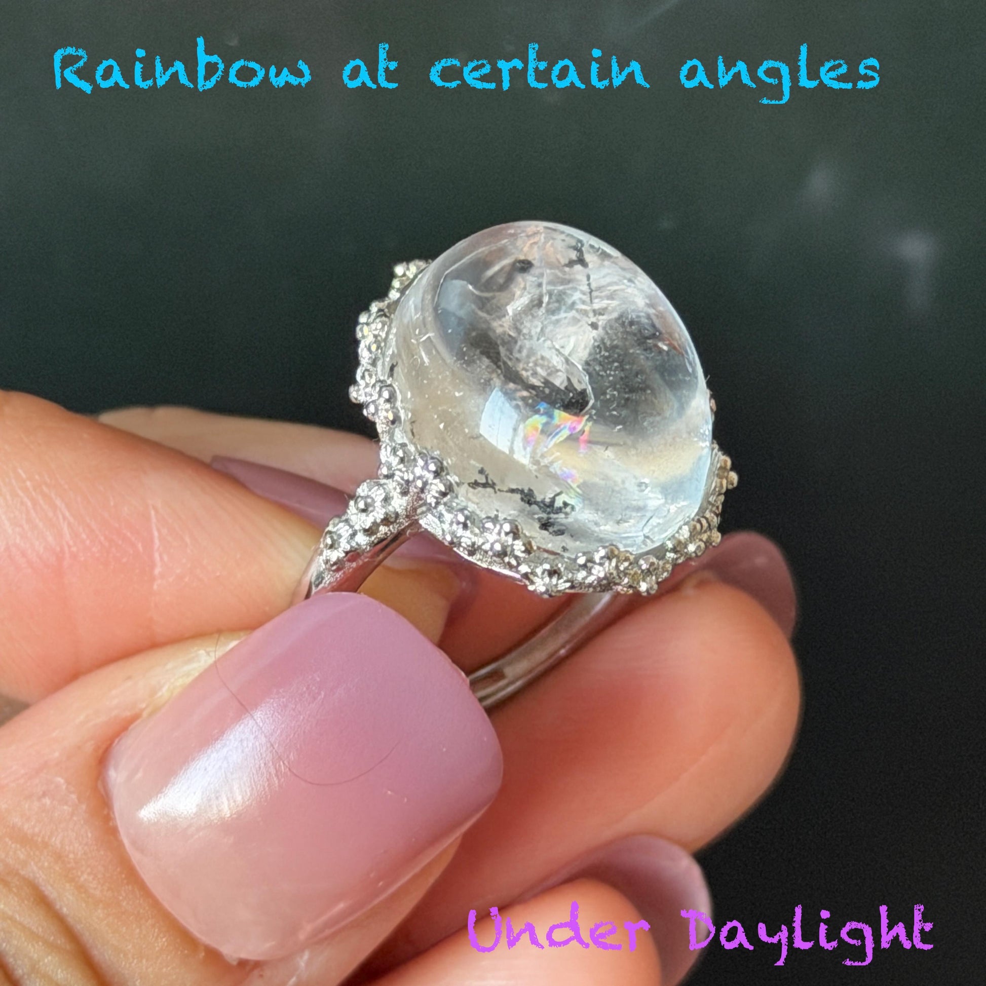 Polished Enhydro Quartz (Herkimer Diamond) S925 Silver Adjustable Ring: Mild Rainbow! Moving Sand and Black Bubble Inclusion Crystal Statement Ring for Women ring crystal band ring crystal cocktail ring crystal stackable ring 7 chakra crystal ring meditation crystal healing stone birthstone silver ring ring for men rainbow quartz inclusion quartz inclusion crystal minerals specimen silver ring free size ring adjustable ring holder