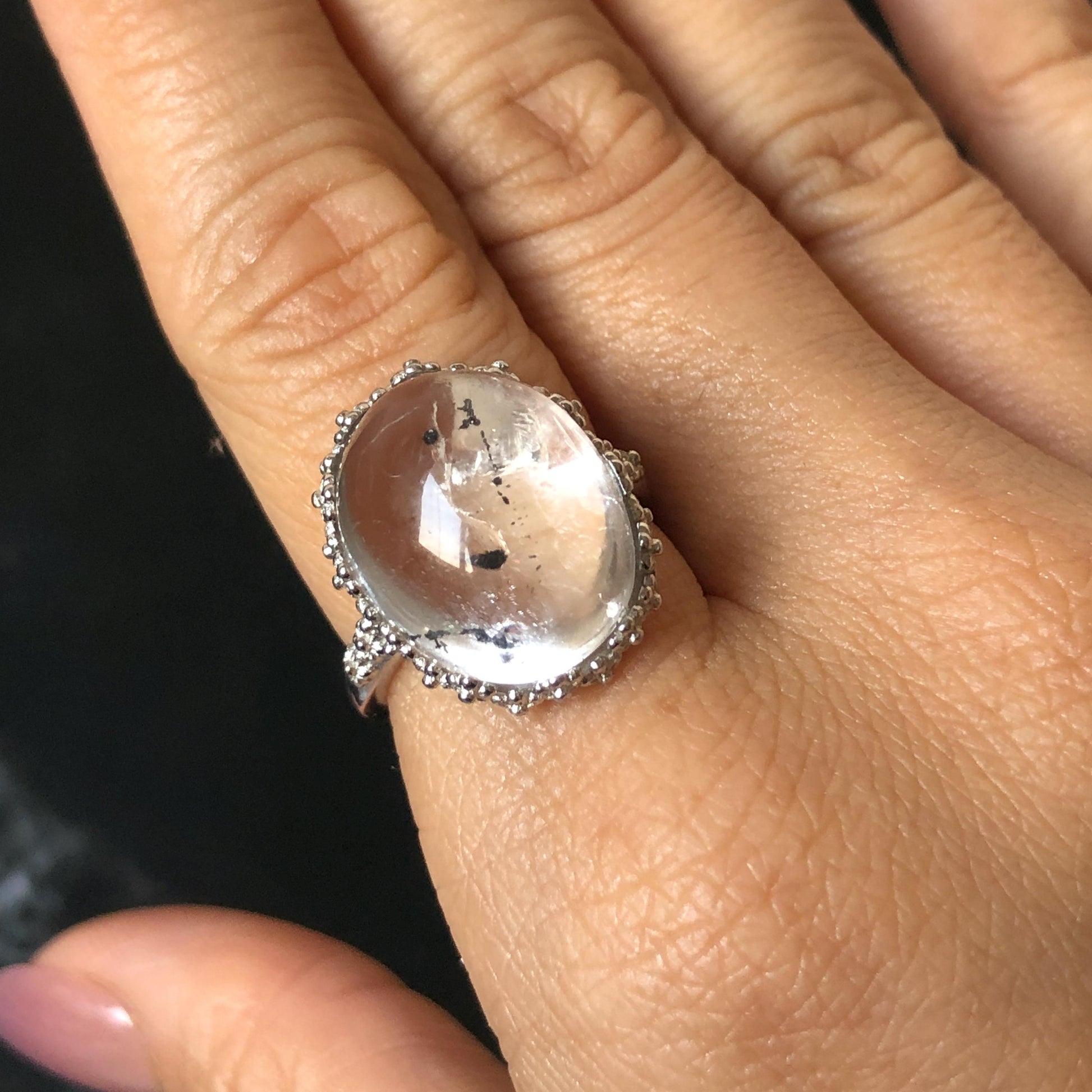 Polished Enhydro Quartz (Herkimer Diamond) S925 Silver Adjustable Ring: Mild Rainbow! Moving Sand and Black Bubble Inclusion Crystal Statement Ring for Women ring crystal band ring crystal cocktail ring crystal stackable ring 7 chakra crystal ring meditation crystal healing stone birthstone silver ring ring for men rainbow quartz inclusion quartz inclusion crystal minerals specimen silver ring free size ring adjustable ring holder