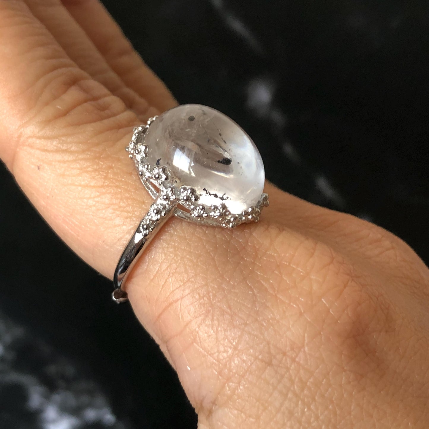 Polished Enhydro Quartz (Herkimer Diamond) S925 Silver Adjustable Ring: Mild Rainbow! Moving Sand and Black Bubble Inclusion Crystal Statement Ring for Women ring crystal band ring crystal cocktail ring crystal stackable ring 7 chakra crystal ring meditation crystal healing stone birthstone silver ring ring for men rainbow quartz inclusion quartz inclusion crystal minerals specimen silver ring free size ring adjustable ring holder