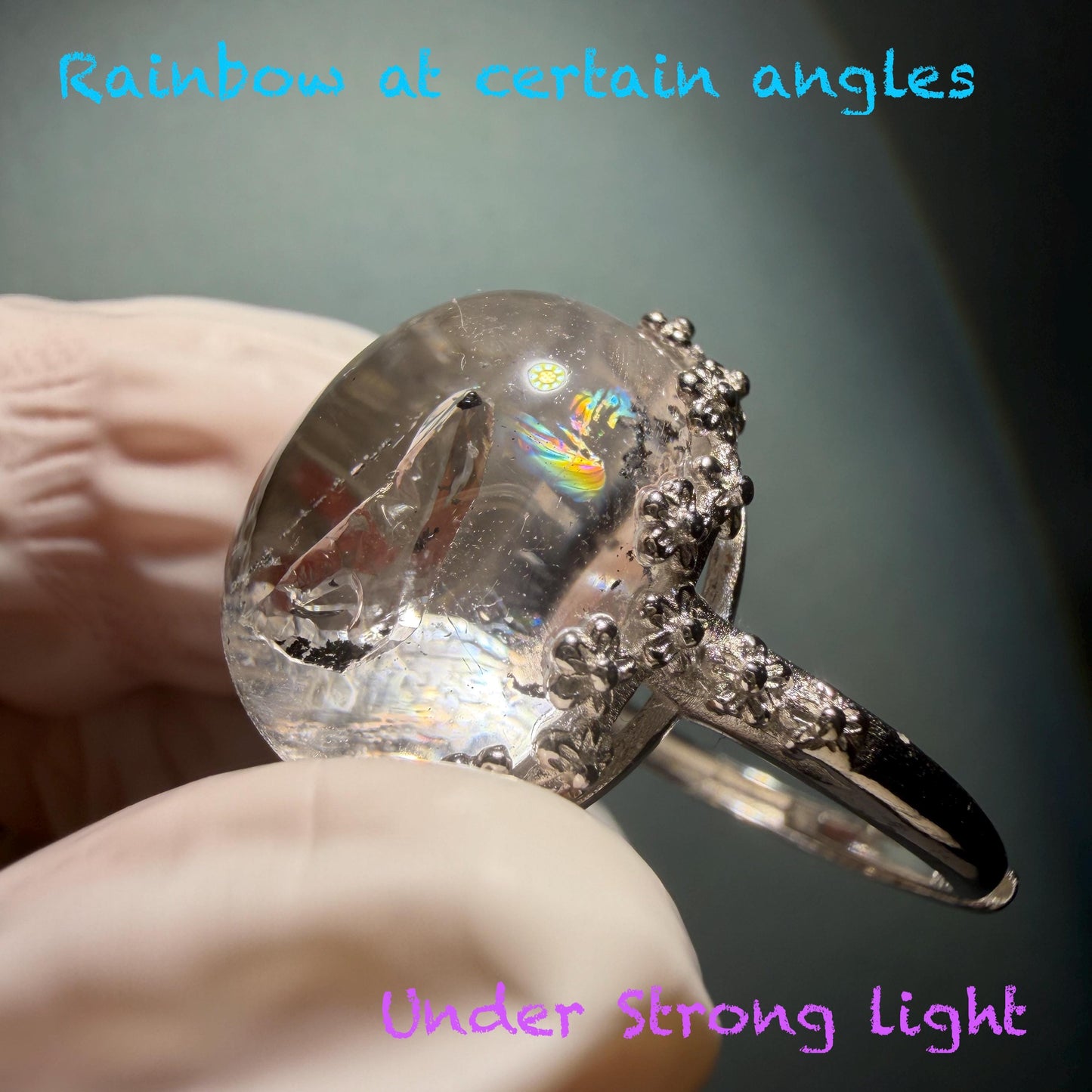 Polished Enhydro Quartz (Herkimer Diamond) S925 Silver Adjustable Ring: Mild Rainbow! Moving Sand and Black Bubble Inclusion Crystal Statement Ring for Women ring crystal band ring crystal cocktail ring crystal stackable ring 7 chakra crystal ring meditation crystal healing stone birthstone silver ring ring for men rainbow quartz inclusion quartz inclusion crystal minerals specimen silver ring free size ring adjustable ring holder