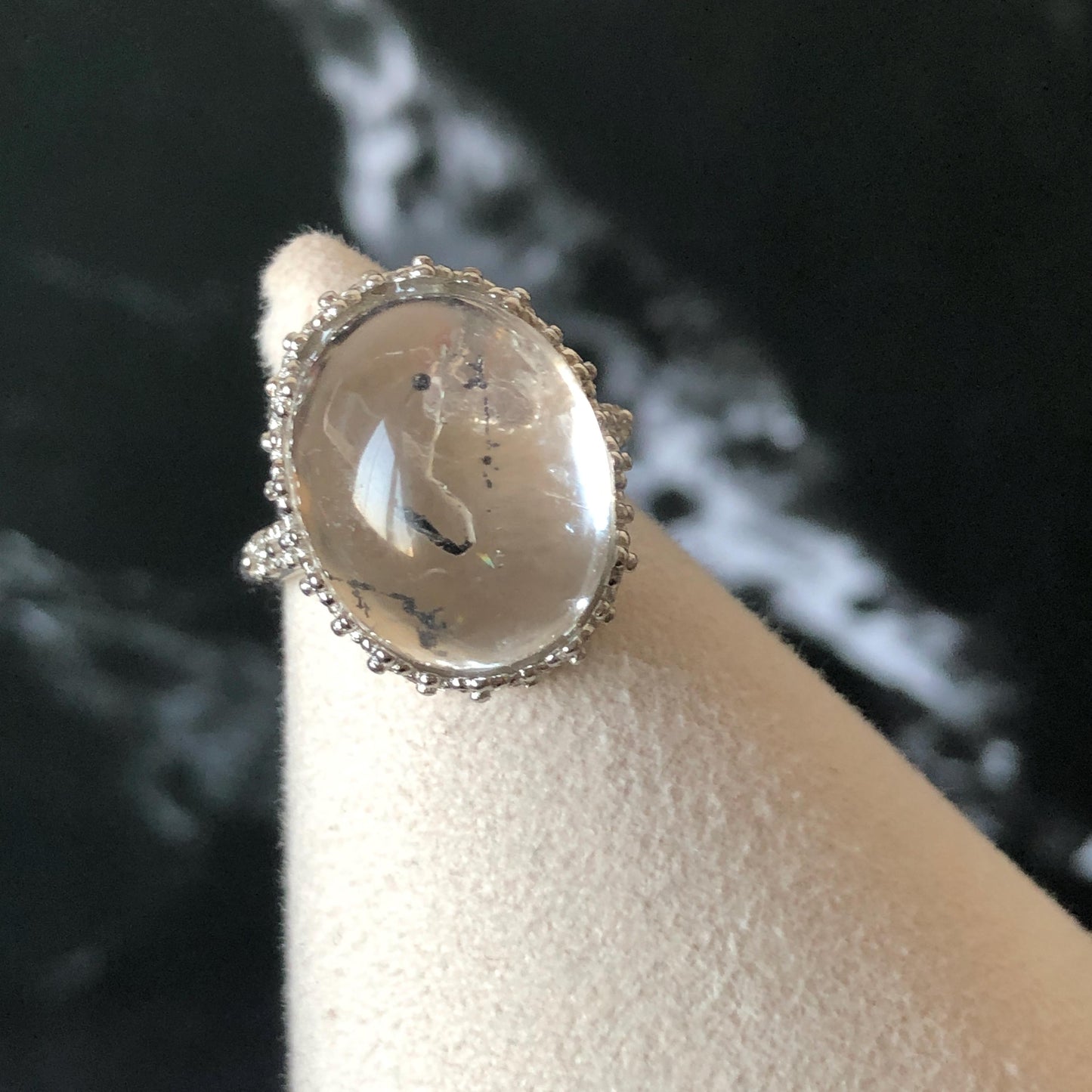 Polished Enhydro Quartz (Herkimer Diamond) S925 Silver Adjustable Ring: Mild Rainbow! Moving Sand and Black Bubble Inclusion Crystal Statement Ring for Women ring crystal band ring crystal cocktail ring crystal stackable ring 7 chakra crystal ring meditation crystal healing stone birthstone silver ring ring for men rainbow quartz inclusion quartz inclusion crystal minerals specimen silver ring free size ring adjustable ring holder