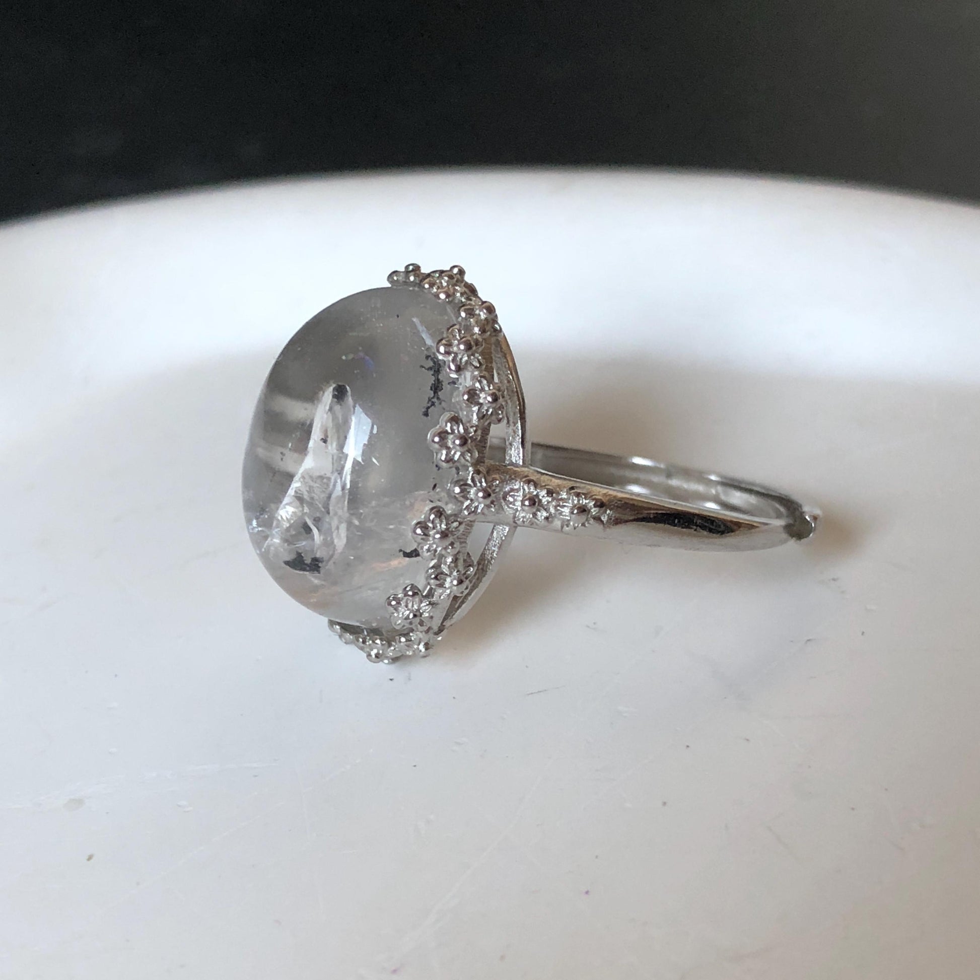 Polished Enhydro Quartz (Herkimer Diamond) S925 Silver Adjustable Ring: Mild Rainbow! Moving Sand and Black Bubble Inclusion Crystal Statement Ring for Women ring crystal band ring crystal cocktail ring crystal stackable ring 7 chakra crystal ring meditation crystal healing stone birthstone silver ring ring for men rainbow quartz inclusion quartz inclusion crystal minerals specimen silver ring free size ring adjustable ring holder