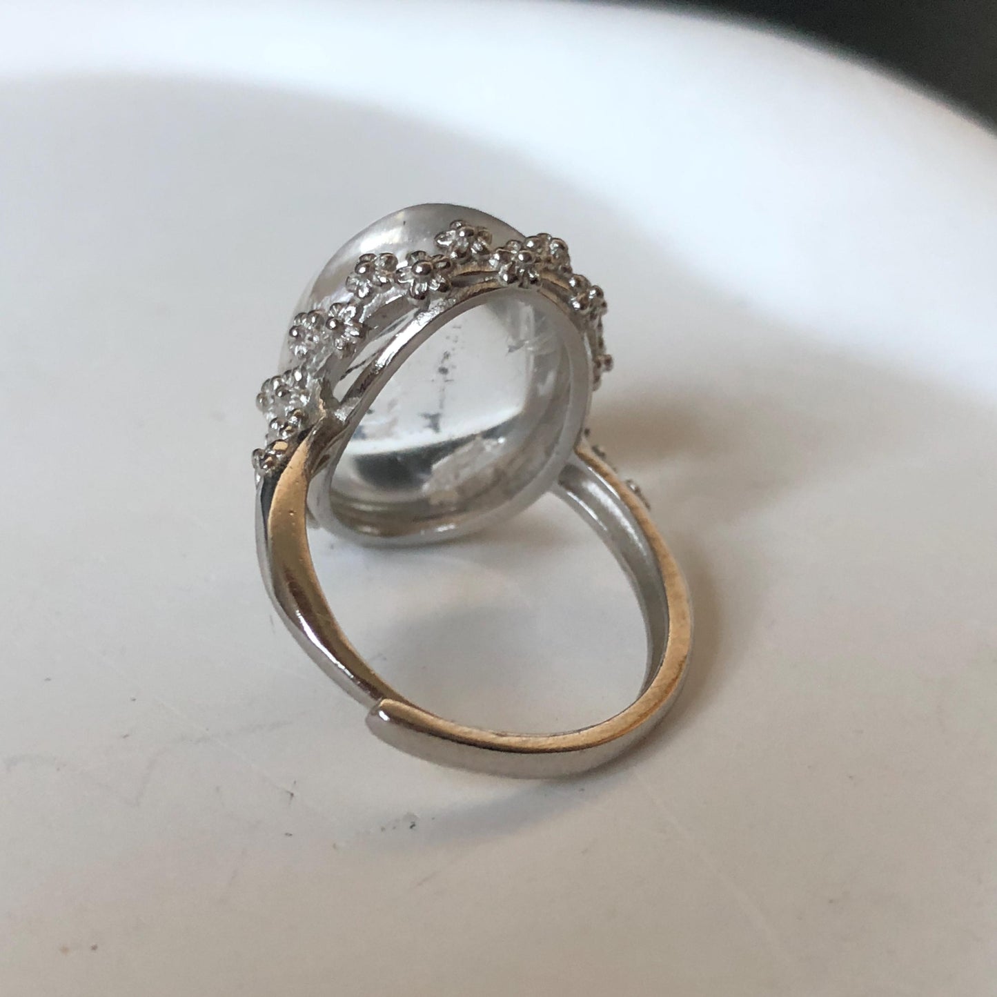 Polished Enhydro Quartz (Herkimer Diamond) S925 Silver Adjustable Ring: Mild Rainbow! Moving Sand and Black Bubble Inclusion Crystal Statement Ring for Women ring crystal band ring crystal cocktail ring crystal stackable ring 7 chakra crystal ring meditation crystal healing stone birthstone silver ring ring for men rainbow quartz inclusion quartz inclusion crystal minerals specimen silver ring free size ring adjustable ring holder