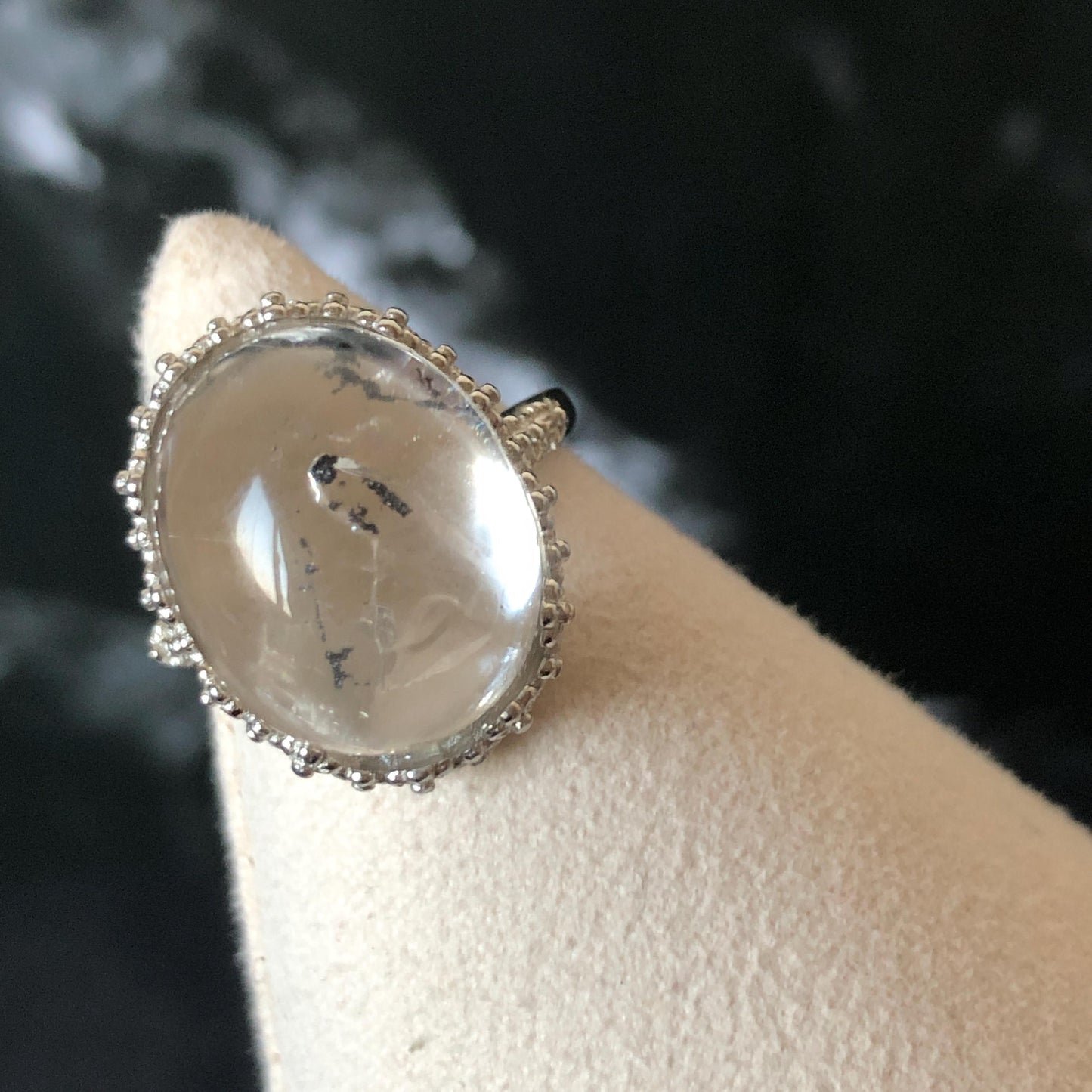 Polished Enhydro Quartz (Herkimer Diamond) S925 Silver Adjustable Ring: Mild Rainbow! Moving Sand and Black Bubble Inclusion Crystal Statement Ring for Women ring crystal band ring crystal cocktail ring crystal stackable ring 7 chakra crystal ring meditation crystal healing stone birthstone silver ring ring for men rainbow quartz inclusion quartz inclusion crystal minerals specimen silver ring free size ring adjustable ring holder