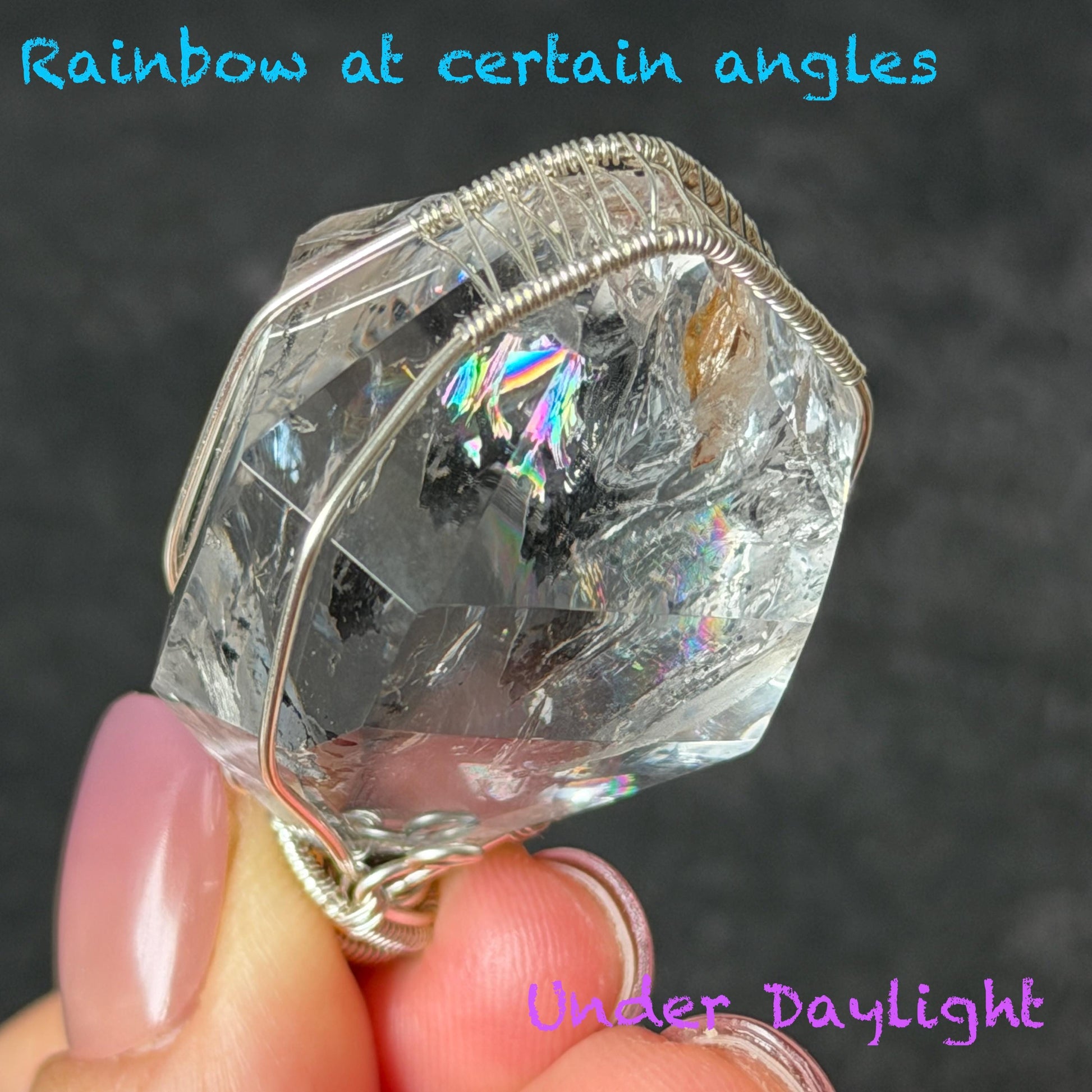 Rare Polished Enhydro Quartz (Herkimer Diamond) Wire Wrapped Pendant Adjustable Necklace | Rainbow! 2 Sites of Moving Sand & Multiple Bubble Inclusion Crystal | Natural Gemstone Birthstone Gift for her Rainbow Quartz Rainbow crystal enhydro quartz sand water-fall pendant necklace choker gemstone charm stone pendant choker polished stone pendant crystal charm birthstone gift for her men necklace chakra crystal purify stone minerals specimen adjustable choker  silver wire wrapped pendant