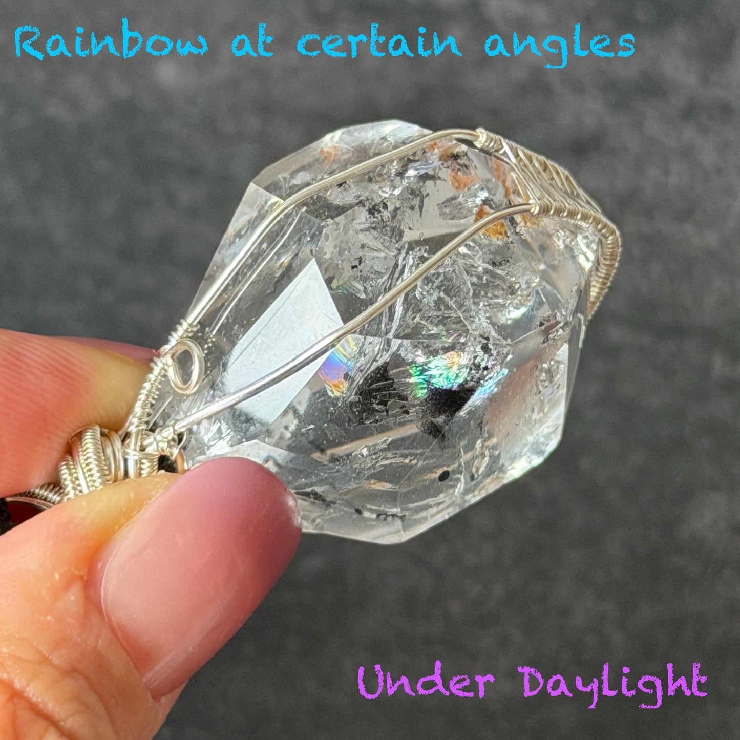 Rare Polished Enhydro Quartz (Herkimer Diamond) Wire Wrapped Pendant Adjustable Necklace | Rainbow! 2 Sites of Moving Sand & Multiple Bubble Inclusion Crystal | Natural Gemstone Birthstone Gift for her Rainbow Quartz Rainbow crystal enhydro quartz sand water-fall pendant necklace choker gemstone charm stone pendant choker polished stone pendant crystal charm birthstone gift for her men necklace chakra crystal purify stone minerals specimen adjustable choker  silver wire wrapped pendant