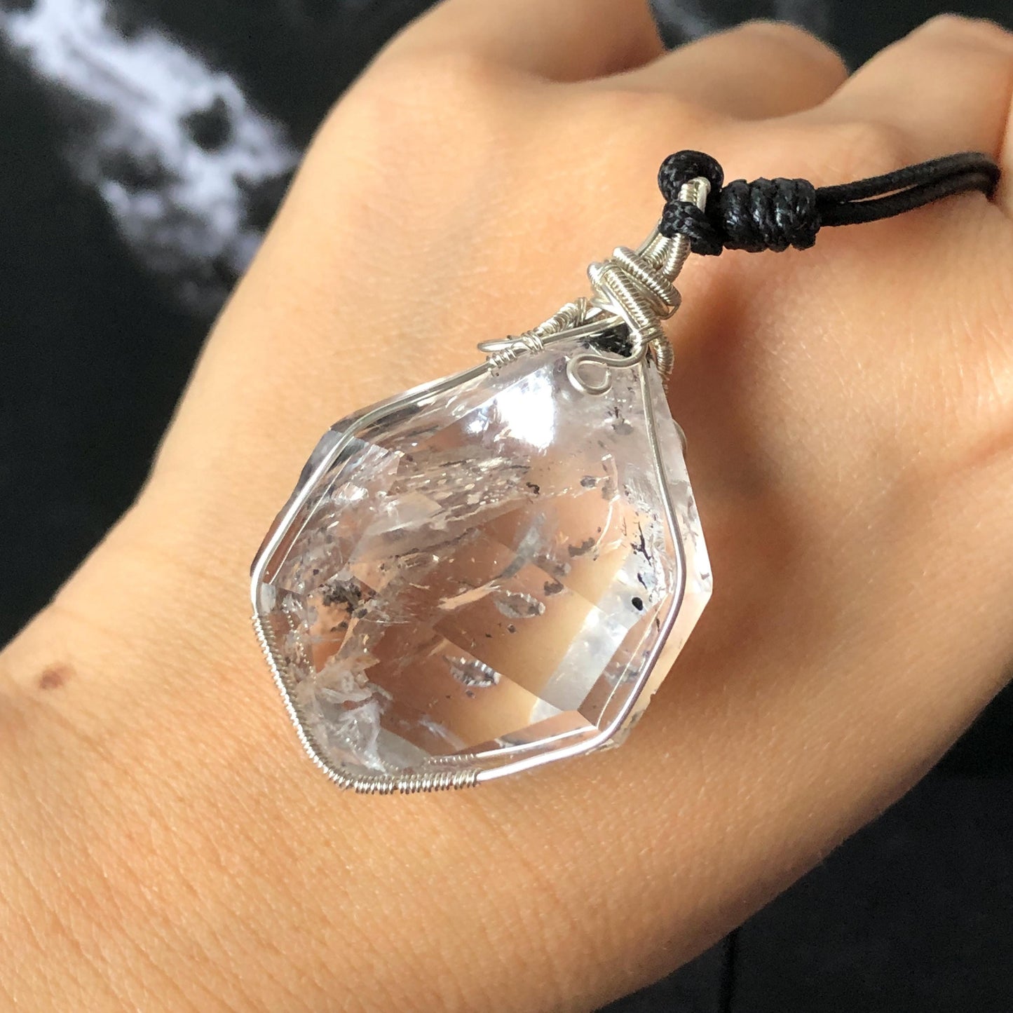 Rare Polished Enhydro Quartz (Herkimer Diamond) Wire Wrapped Pendant Adjustable Necklace | Rainbow! 2 Sites of Moving Sand & Multiple Bubble Inclusion Crystal | Natural Gemstone Birthstone Gift for her Rainbow Quartz Rainbow crystal enhydro quartz sand water-fall pendant necklace choker gemstone charm stone pendant choker polished stone pendant crystal charm birthstone gift for her men necklace chakra crystal purify stone minerals specimen adjustable choker  silver wire wrapped pendant