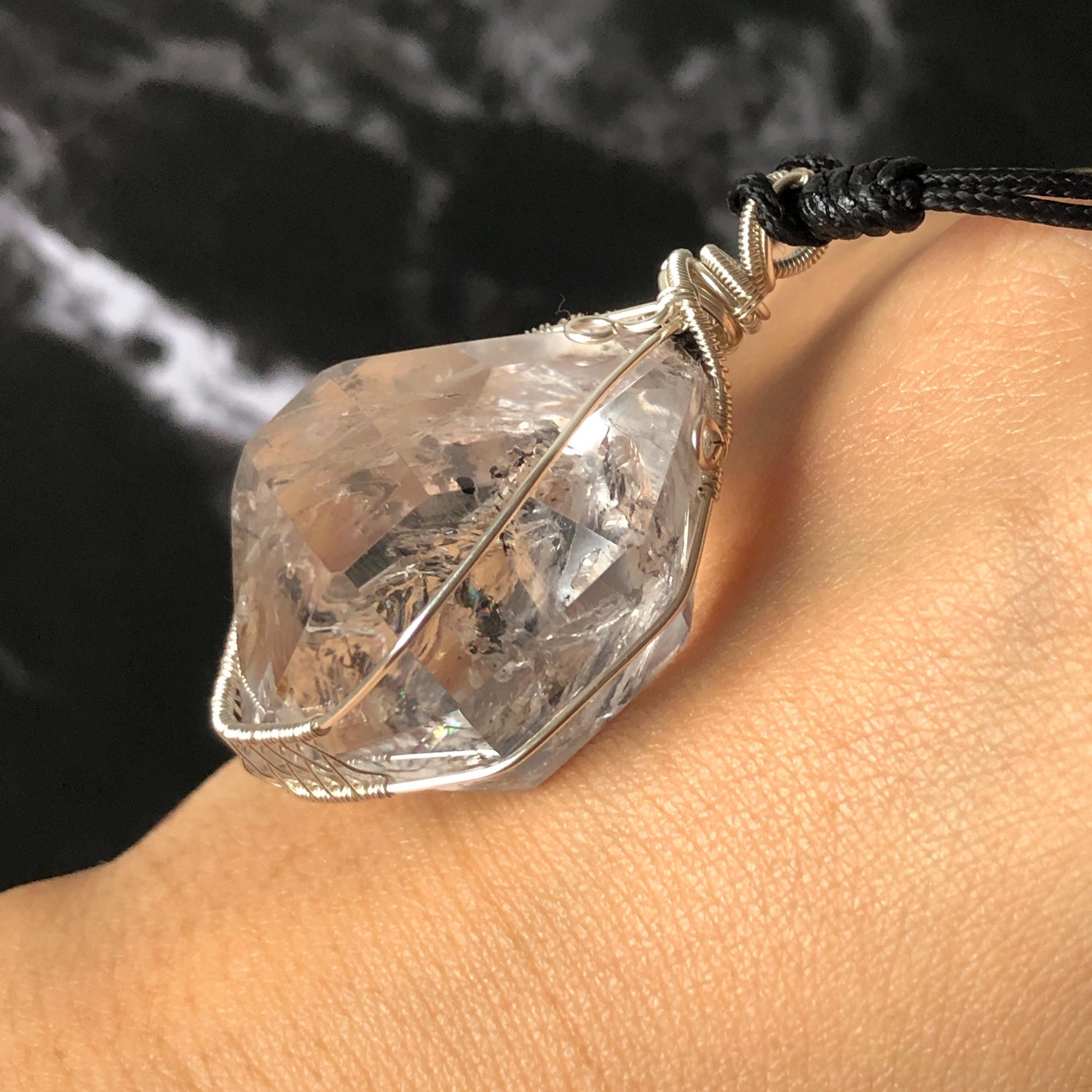 Rare Polished Enhydro Quartz (Herkimer Diamond) Wire Wrapped Pendant Adjustable Necklace | Rainbow! 2 Sites of Moving Sand & Multiple Bubble Inclusion Crystal | Natural Gemstone Birthstone Gift for her Rainbow Quartz Rainbow crystal enhydro quartz sand water-fall pendant necklace choker gemstone charm stone pendant choker polished stone pendant crystal charm birthstone gift for her men necklace chakra crystal purify stone minerals specimen adjustable choker  silver wire wrapped pendant