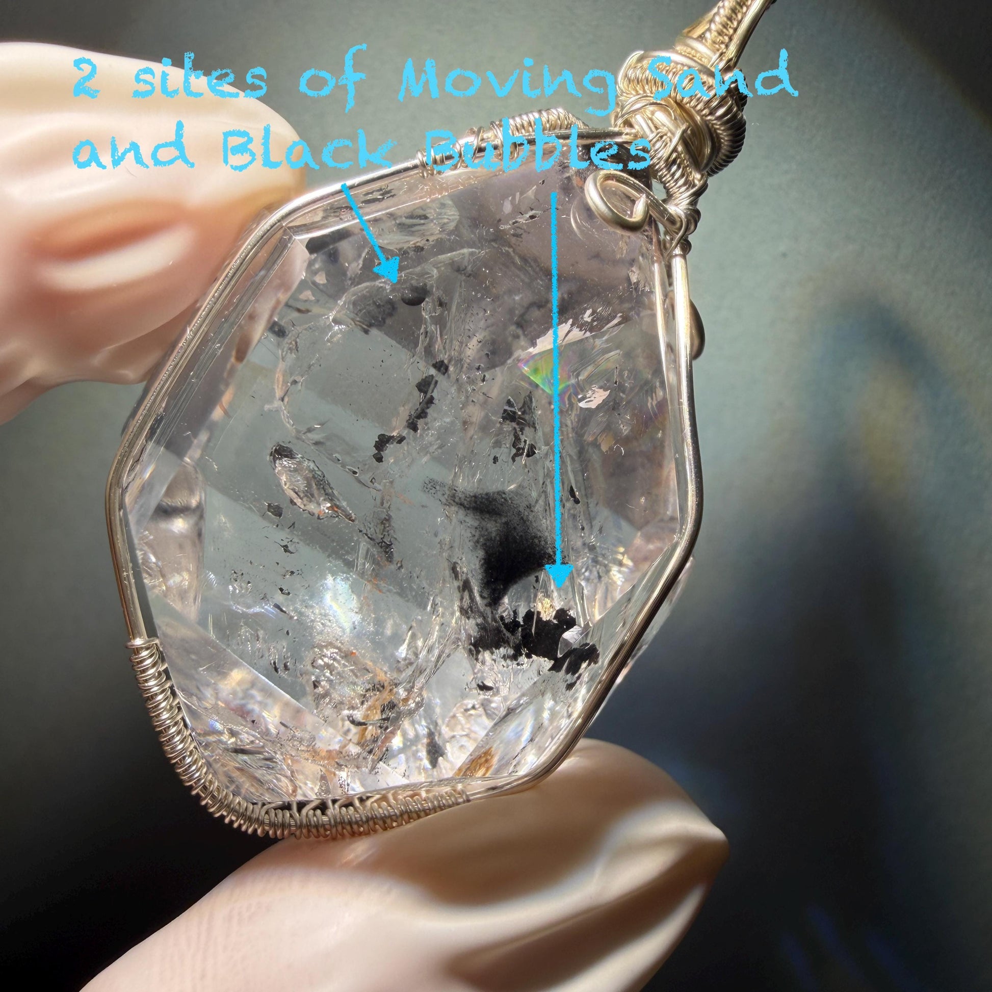 Rare Polished Enhydro Quartz (Herkimer Diamond) Wire Wrapped Pendant Adjustable Necklace | Rainbow! 2 Sites of Moving Sand & Multiple Bubble Inclusion Crystal | Natural Gemstone Birthstone Gift for her Rainbow Quartz Rainbow crystal enhydro quartz sand water-fall pendant necklace choker gemstone charm stone pendant choker polished stone pendant crystal charm birthstone gift for her men necklace chakra crystal purify stone minerals specimen adjustable choker  silver wire wrapped pendant