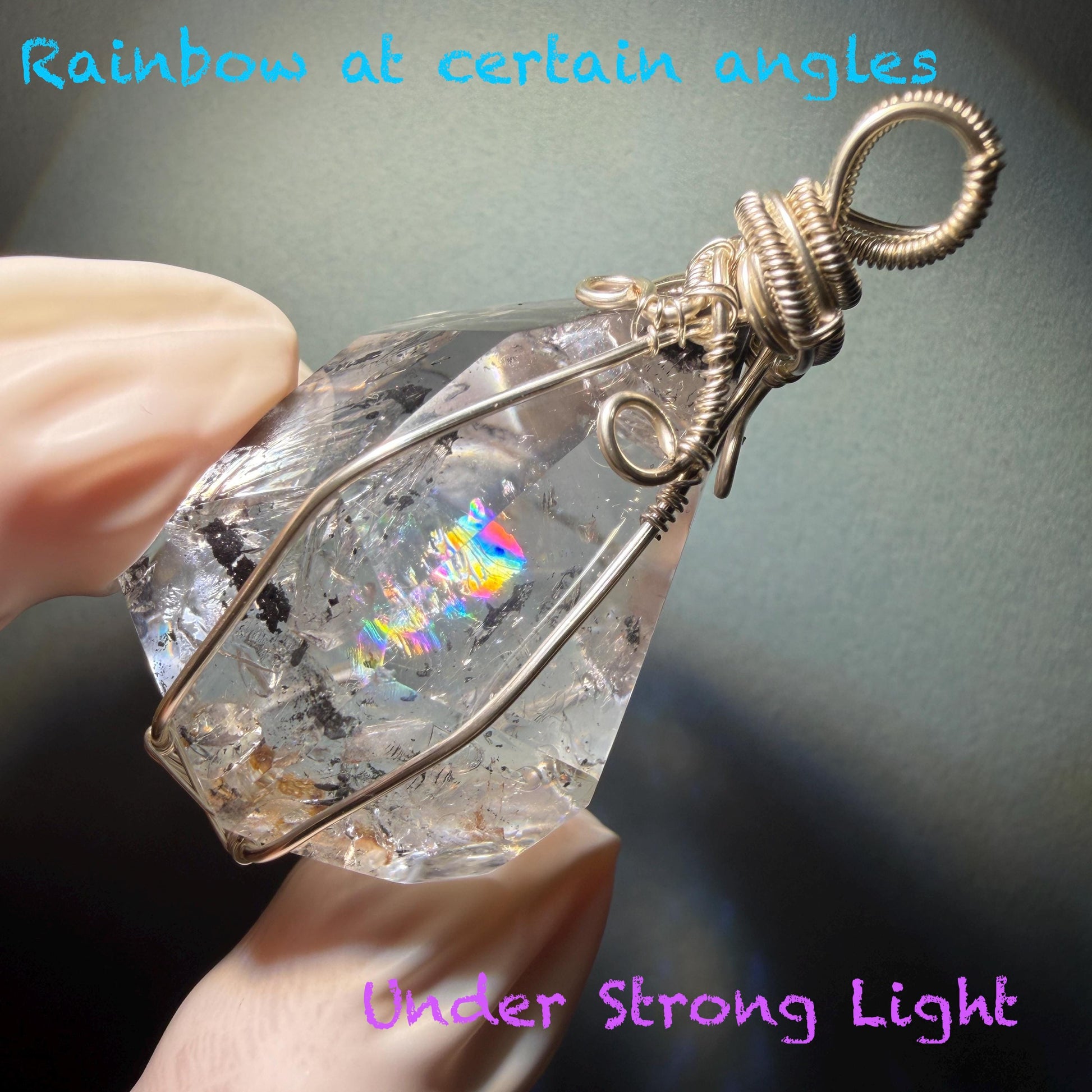 Rare Polished Enhydro Quartz (Herkimer Diamond) Wire Wrapped Pendant Adjustable Necklace | Rainbow! 2 Sites of Moving Sand & Multiple Bubble Inclusion Crystal | Natural Gemstone Birthstone Gift for her Rainbow Quartz Rainbow crystal enhydro quartz sand water-fall pendant necklace choker gemstone charm stone pendant choker polished stone pendant crystal charm birthstone gift for her men necklace chakra crystal purify stone minerals specimen adjustable choker  silver wire wrapped pendant