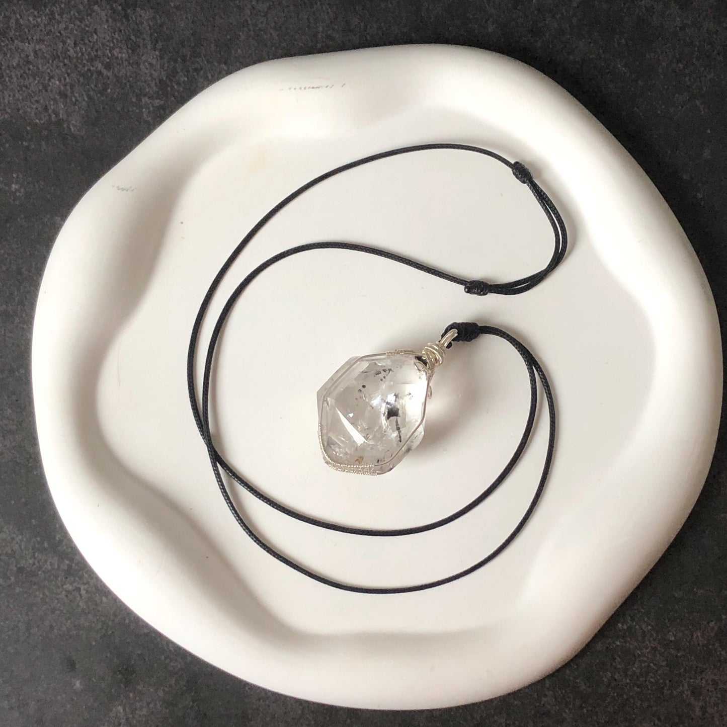 Rare Polished Enhydro Quartz (Herkimer Diamond) Wire Wrapped Pendant Adjustable Necklace | Rainbow! 2 Sites of Moving Sand & Multiple Bubble Inclusion Crystal | Natural Gemstone Birthstone Gift for her Rainbow Quartz Rainbow crystal enhydro quartz sand water-fall pendant necklace choker gemstone charm stone pendant choker polished stone pendant crystal charm birthstone gift for her men necklace chakra crystal purify stone minerals specimen adjustable choker  silver wire wrapped pendant