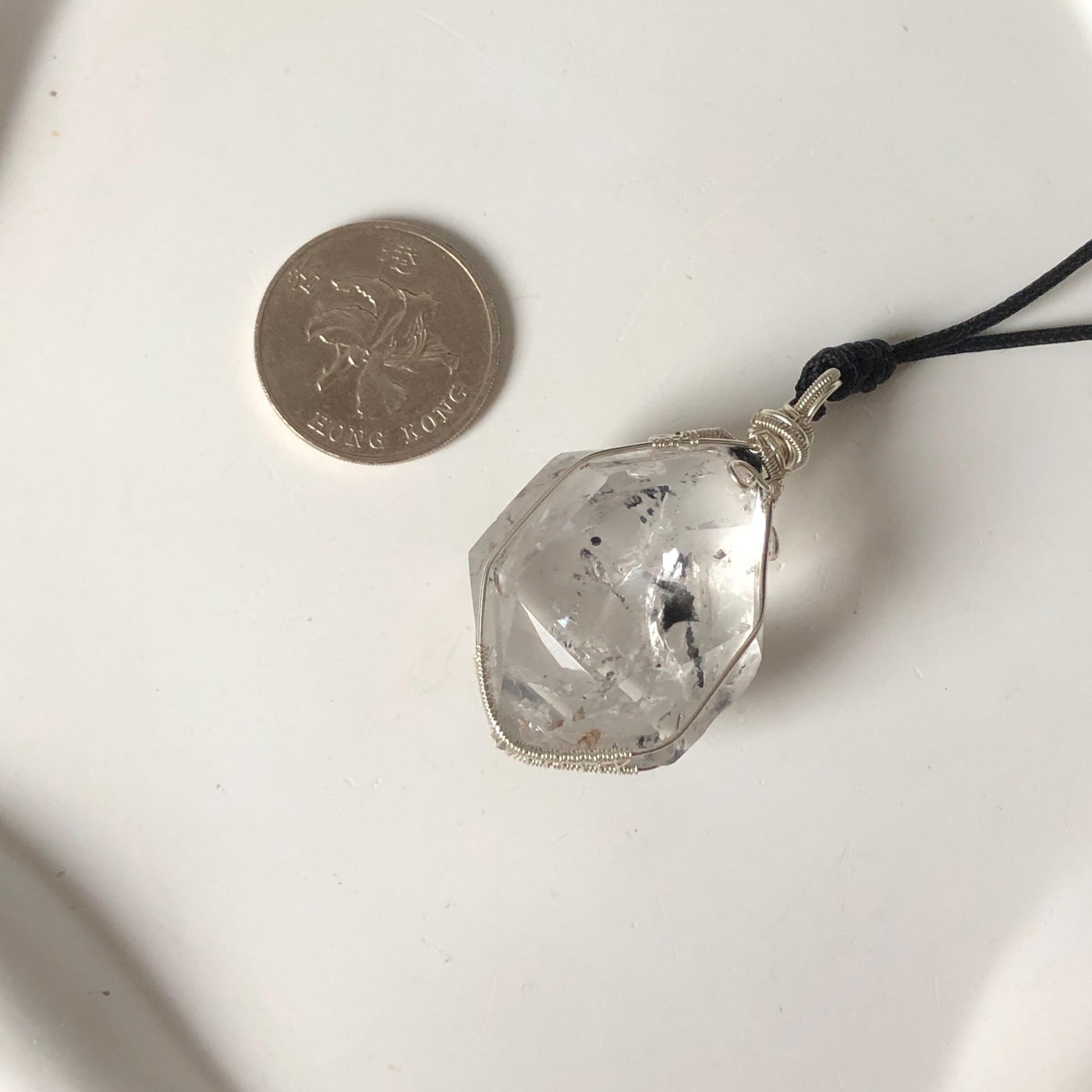 Rare Polished Enhydro Quartz (Herkimer Diamond) Wire Wrapped Pendant Adjustable Necklace | Rainbow! 2 Sites of Moving Sand & Multiple Bubble Inclusion Crystal | Natural Gemstone Birthstone Gift for her Rainbow Quartz Rainbow crystal enhydro quartz sand water-fall pendant necklace choker gemstone charm stone pendant choker polished stone pendant crystal charm birthstone gift for her men necklace chakra crystal purify stone minerals specimen adjustable choker  silver wire wrapped pendant
