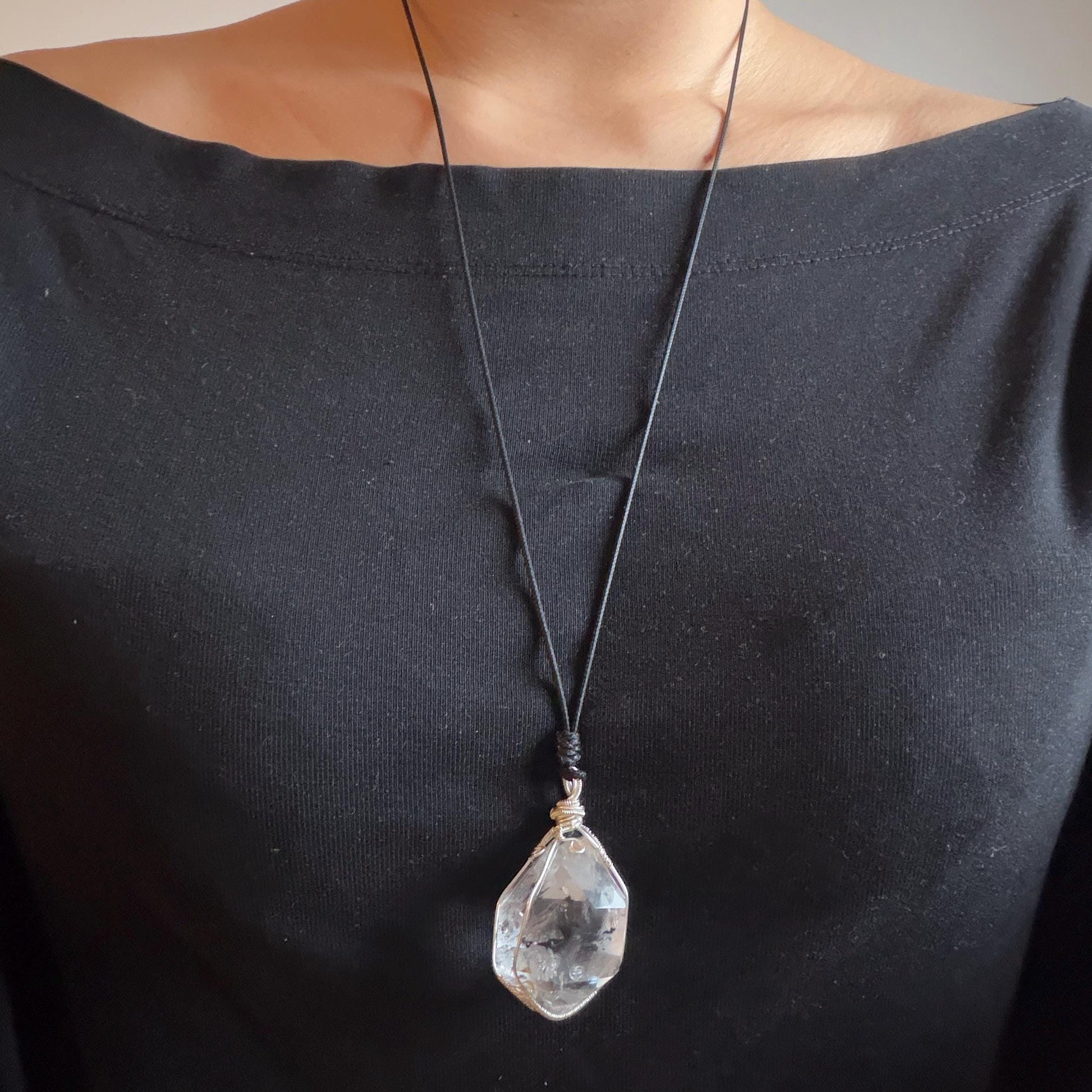 Rare Polished Enhydro Quartz (Herkimer Diamond) Wire Wrapped Pendant Adjustable Necklace | Rainbow! 2 Sites of Moving Sand & Multiple Bubble Inclusion Crystal | Natural Gemstone Birthstone Gift for her Rainbow Quartz Rainbow crystal enhydro quartz sand water-fall pendant necklace choker gemstone charm stone pendant choker polished stone pendant crystal charm birthstone gift for her men necklace chakra crystal purify stone minerals specimen adjustable choker  silver wire wrapped pendant