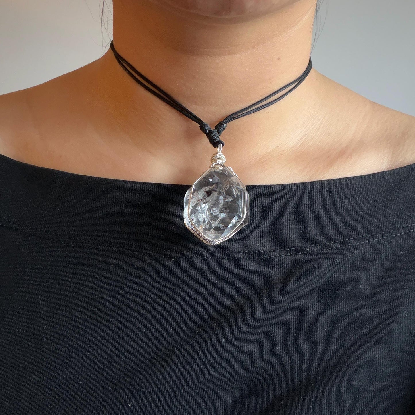 Rare Polished Enhydro Quartz (Herkimer Diamond) Wire Wrapped Pendant Adjustable Necklace | Rainbow! 2 Sites of Moving Sand & Multiple Bubble Inclusion Crystal | Natural Gemstone Birthstone Gift for her Rainbow Quartz Rainbow crystal enhydro quartz sand water-fall pendant necklace choker gemstone charm stone pendant choker polished stone pendant crystal charm birthstone gift for her men necklace chakra crystal purify stone minerals specimen adjustable choker  silver wire wrapped pendant