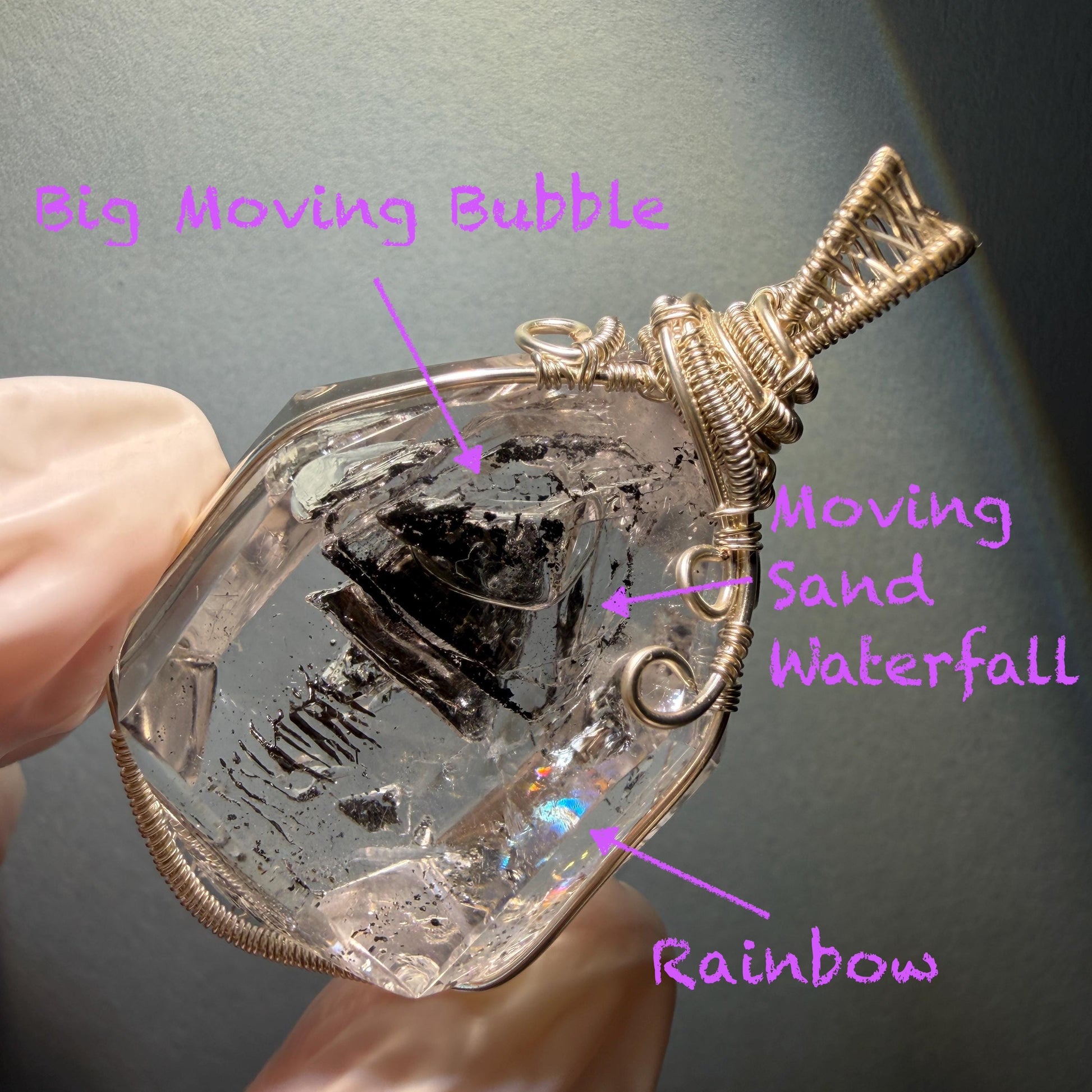 Polished Enhydro Quartz (Herkimer Diamond) Wire Wrapped Pendant Adjustable Necklace: Rainbow Shifting Big Bubble and Moving Sand Waterfall Inclusion Crystal | Natural Gemstone Birthstone Gift for her men necklace chakra crystal purify stone minerals specimen adjustable choker silver pendant inclusion crystal inclusion quartz jewelry rainbow quartz choker necklace enhydro crystal S925 silver pendant minerals specimen