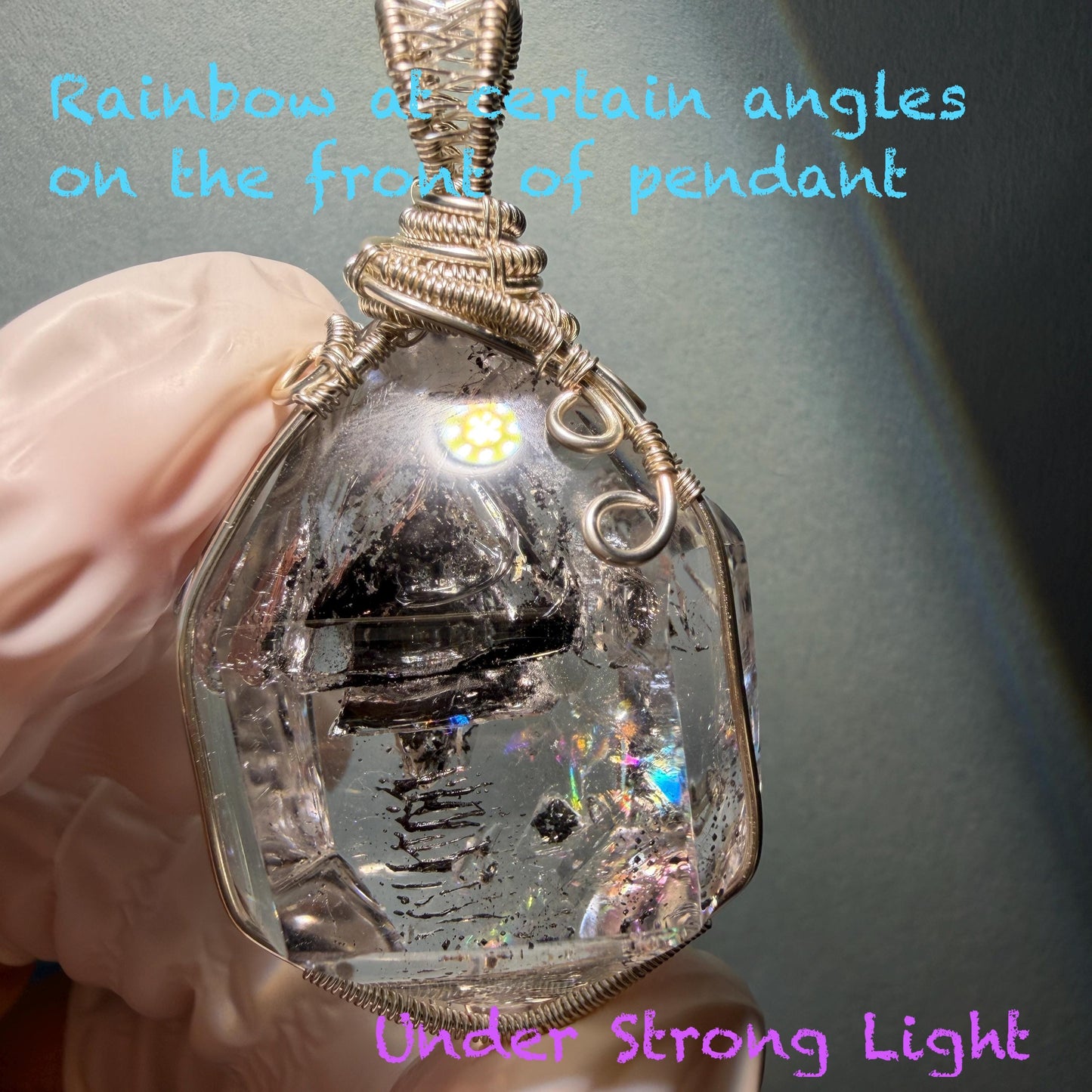 Polished Enhydro Quartz (Herkimer Diamond) Wire Wrapped Pendant Adjustable Necklace: Rainbow Shifting Big Bubble and Moving Sand Waterfall Inclusion Crystal | Natural Gemstone Birthstone Gift for her men necklace chakra crystal purify stone minerals specimen adjustable choker silver pendant inclusion crystal inclusion quartz jewelry rainbow quartz choker necklace enhydro crystal S925 silver pendant minerals specimen