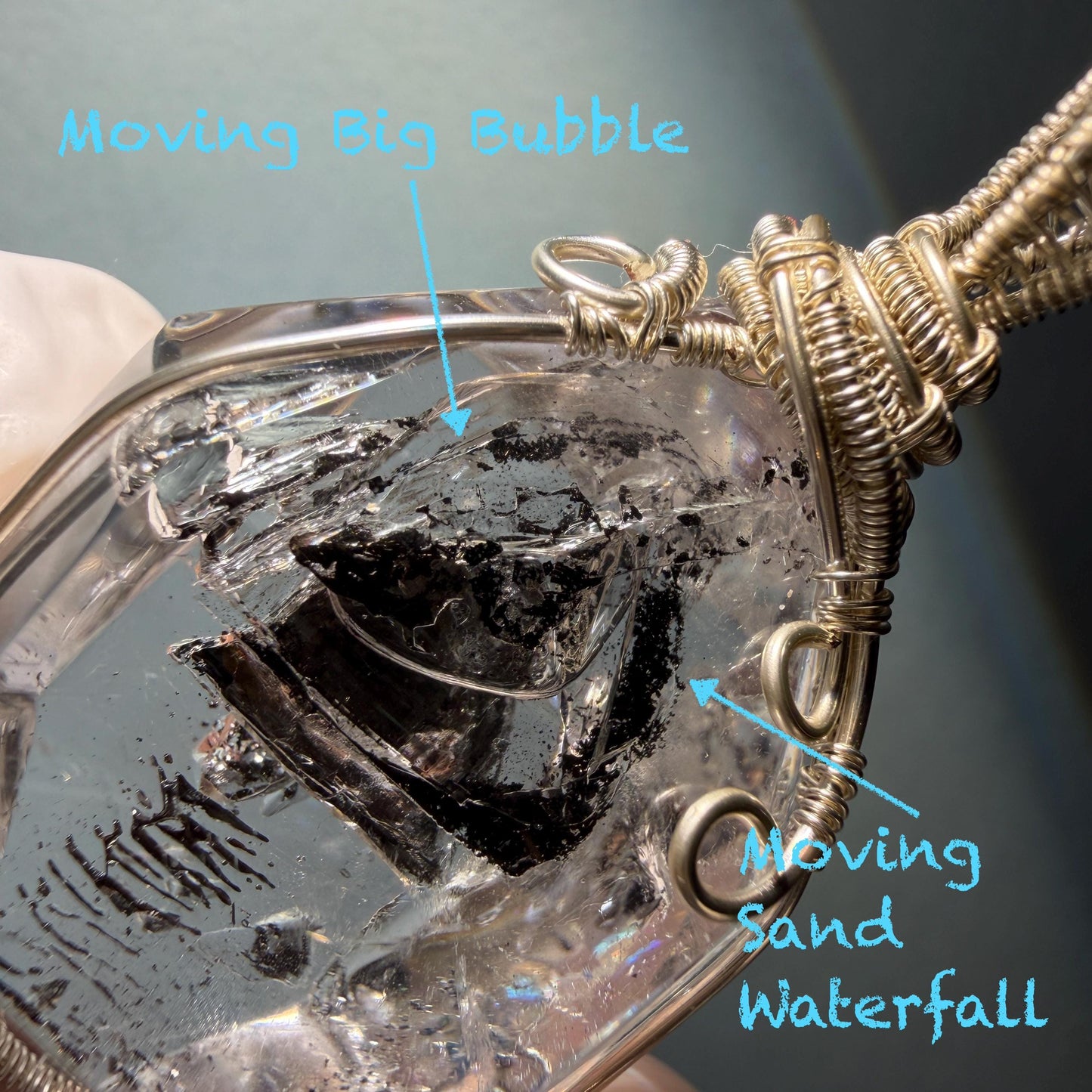 Polished Enhydro Quartz (Herkimer Diamond) Wire Wrapped Pendant Adjustable Necklace: Rainbow Shifting Big Bubble and Moving Sand Waterfall Inclusion Crystal | Natural Gemstone Birthstone Gift for her men necklace chakra crystal purify stone minerals specimen adjustable choker silver pendant inclusion crystal inclusion quartz jewelry rainbow quartz choker necklace enhydro crystal S925 silver pendant minerals specimen