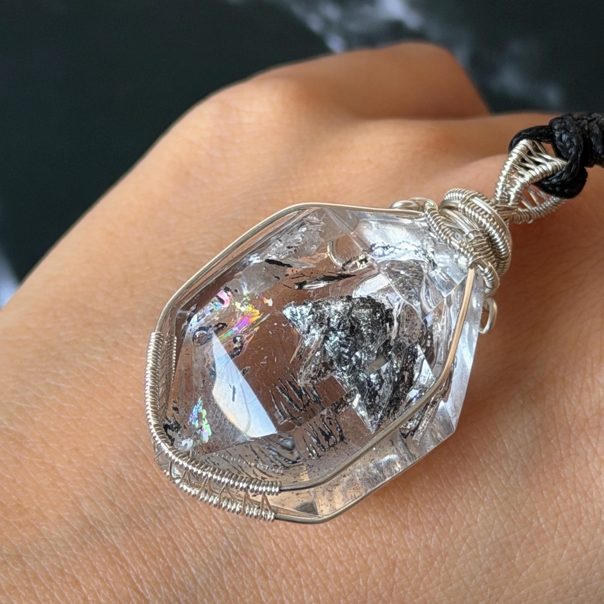 Polished Enhydro Quartz (Herkimer Diamond) Wire Wrapped Pendant Adjustable Necklace: Rainbow Shifting Big Bubble and Moving Sand Waterfall Inclusion Crystal | Natural Gemstone Birthstone Gift for her men necklace chakra crystal purify stone minerals specimen adjustable choker silver pendant inclusion crystal inclusion quartz jewelry rainbow quartz choker necklace enhydro crystal S925 silver pendant minerals specimen