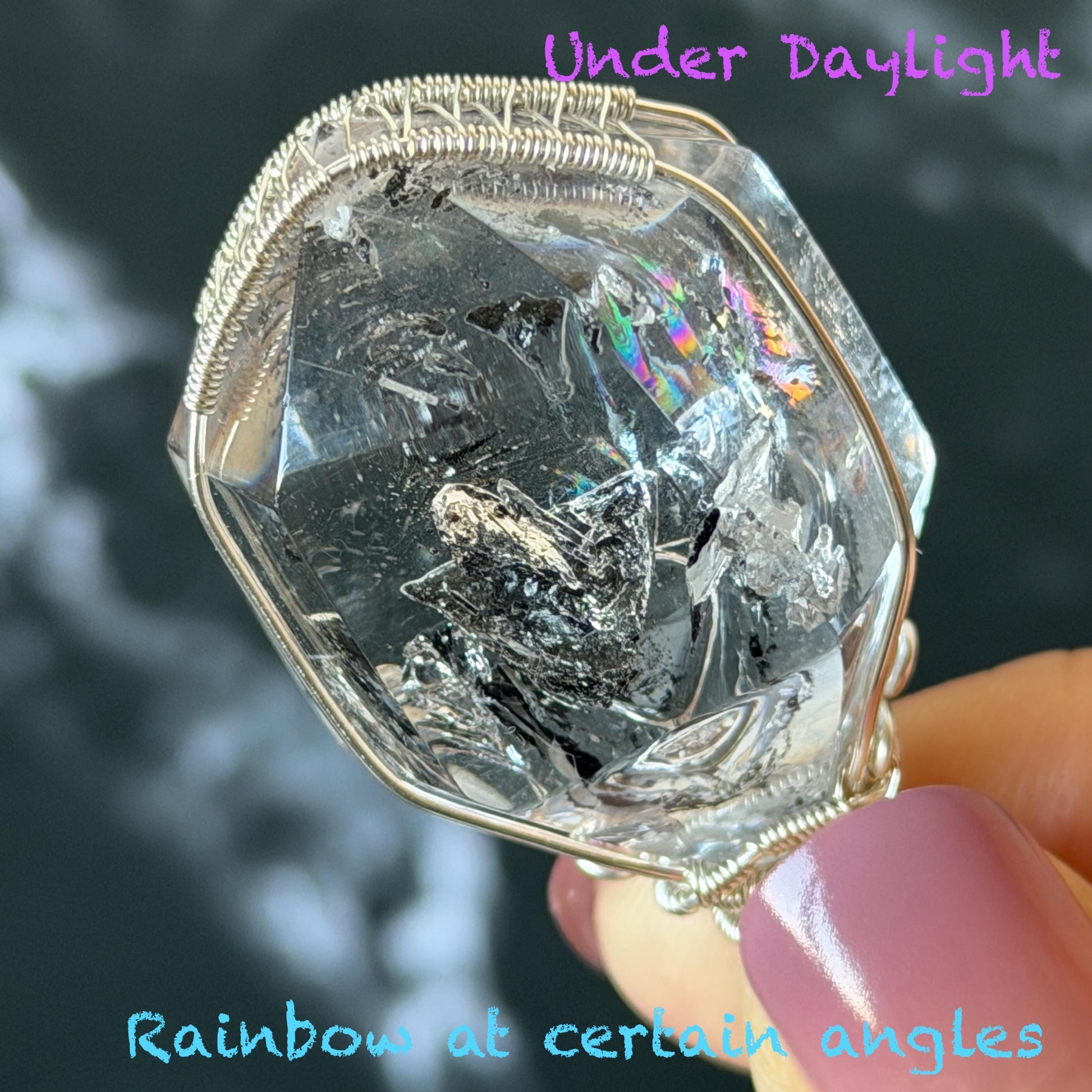 Polished Enhydro Quartz (Herkimer Diamond) Wire Wrapped Pendant Adjustable Necklace: Rainbow Shifting Big Bubble and Moving Sand Waterfall Inclusion Crystal | Natural Gemstone Birthstone Gift for her men necklace chakra crystal purify stone minerals specimen adjustable choker silver pendant inclusion crystal inclusion quartz jewelry rainbow quartz choker necklace enhydro crystal S925 silver pendant minerals specimen